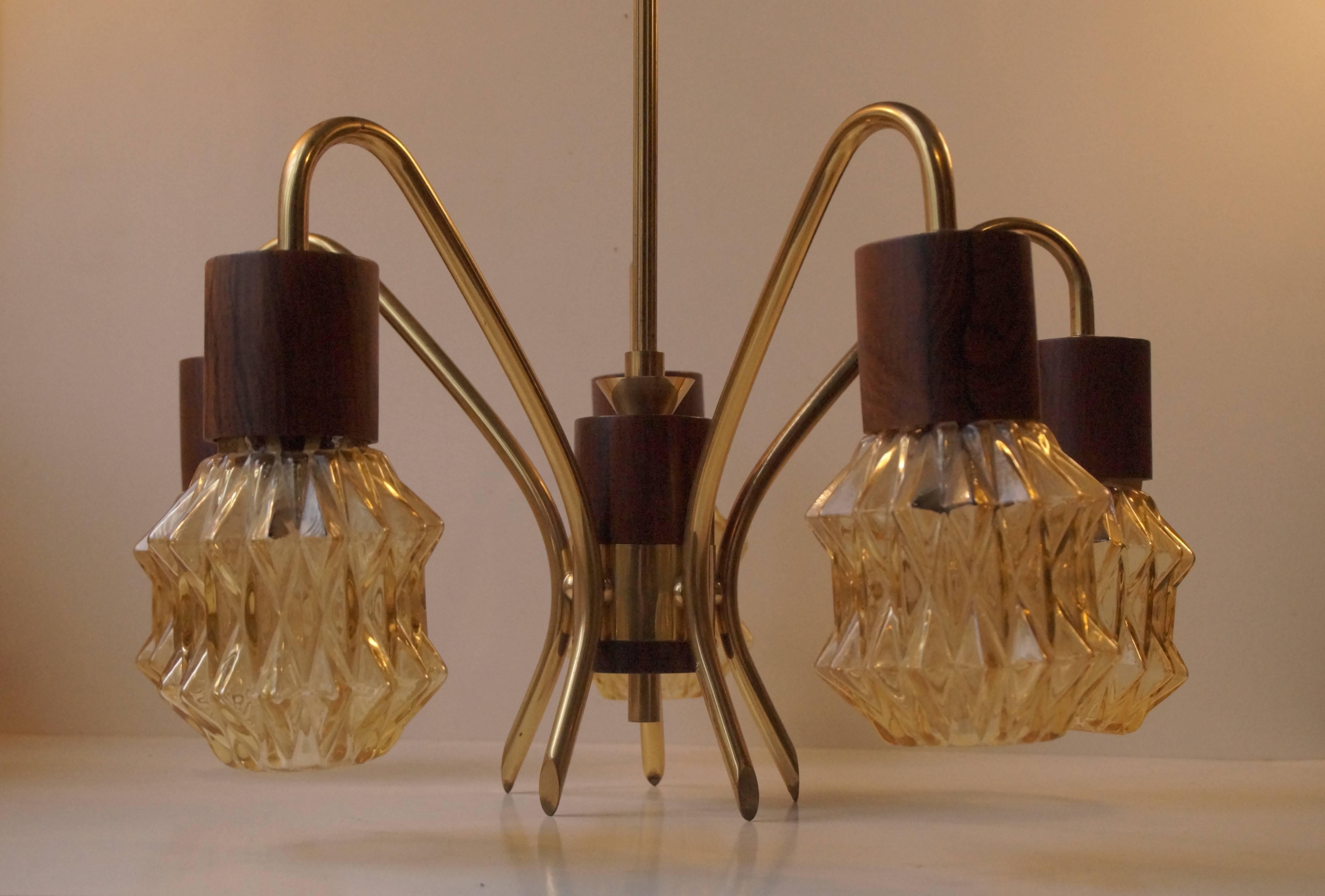 Mid-Century Danish Rosewood, Brass and Glass Spider Chandelier, 1950s For Sale 1