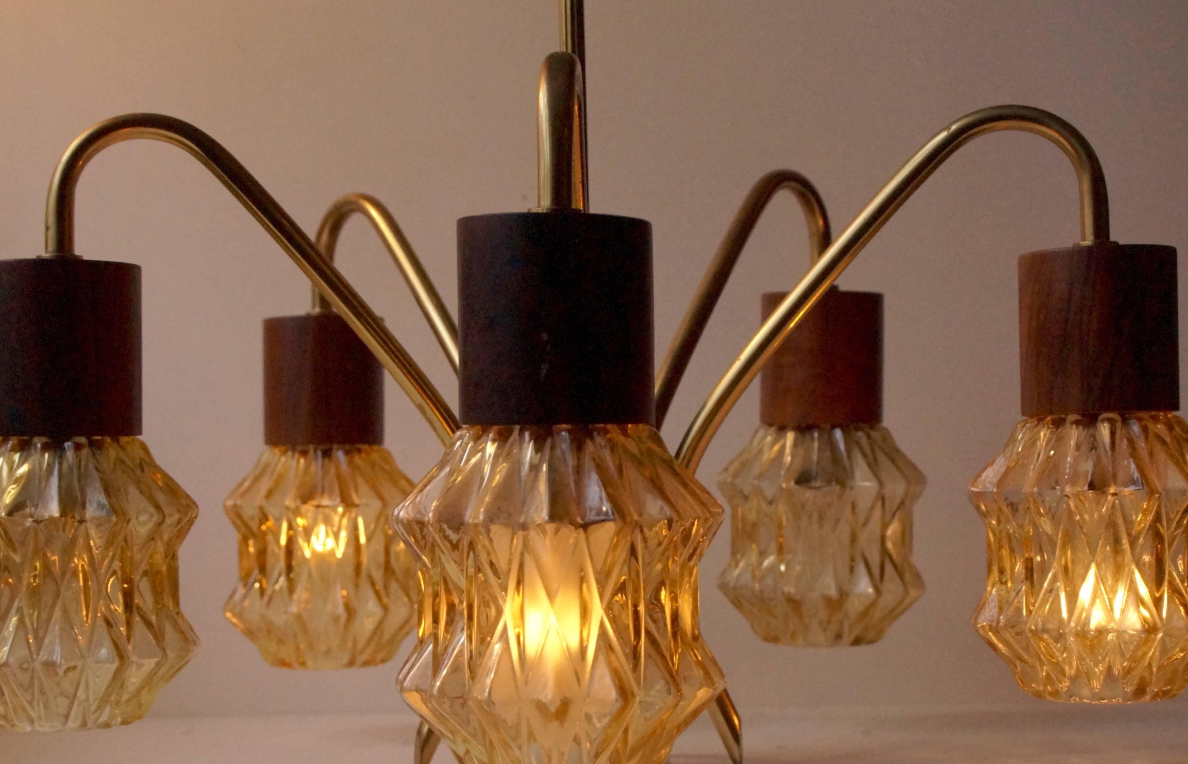 Mid-Century Danish Rosewood, Brass and Glass Spider Chandelier, 1950s For Sale 3