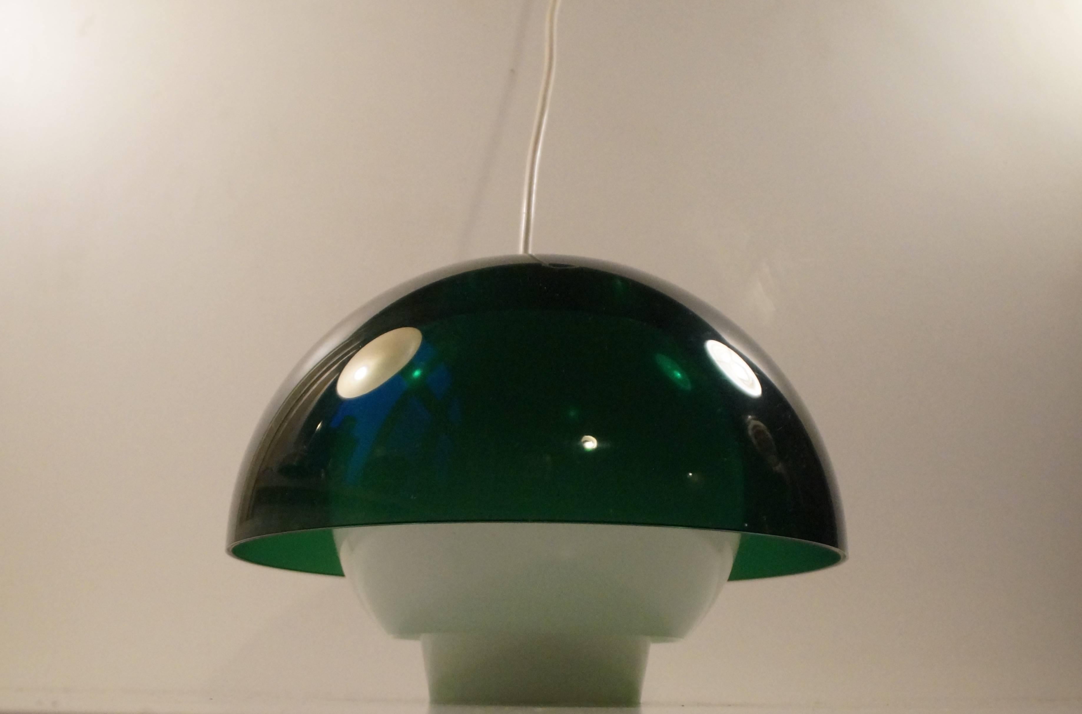 Rare plexiglass pendant lamp designed by Bent Karlby and manufactured by ASK Belysninger, Denmark in the 1970s. Splendid condition. Measurements: D: 10 inches (25 cm), H: 6,8 inches (17 cm).