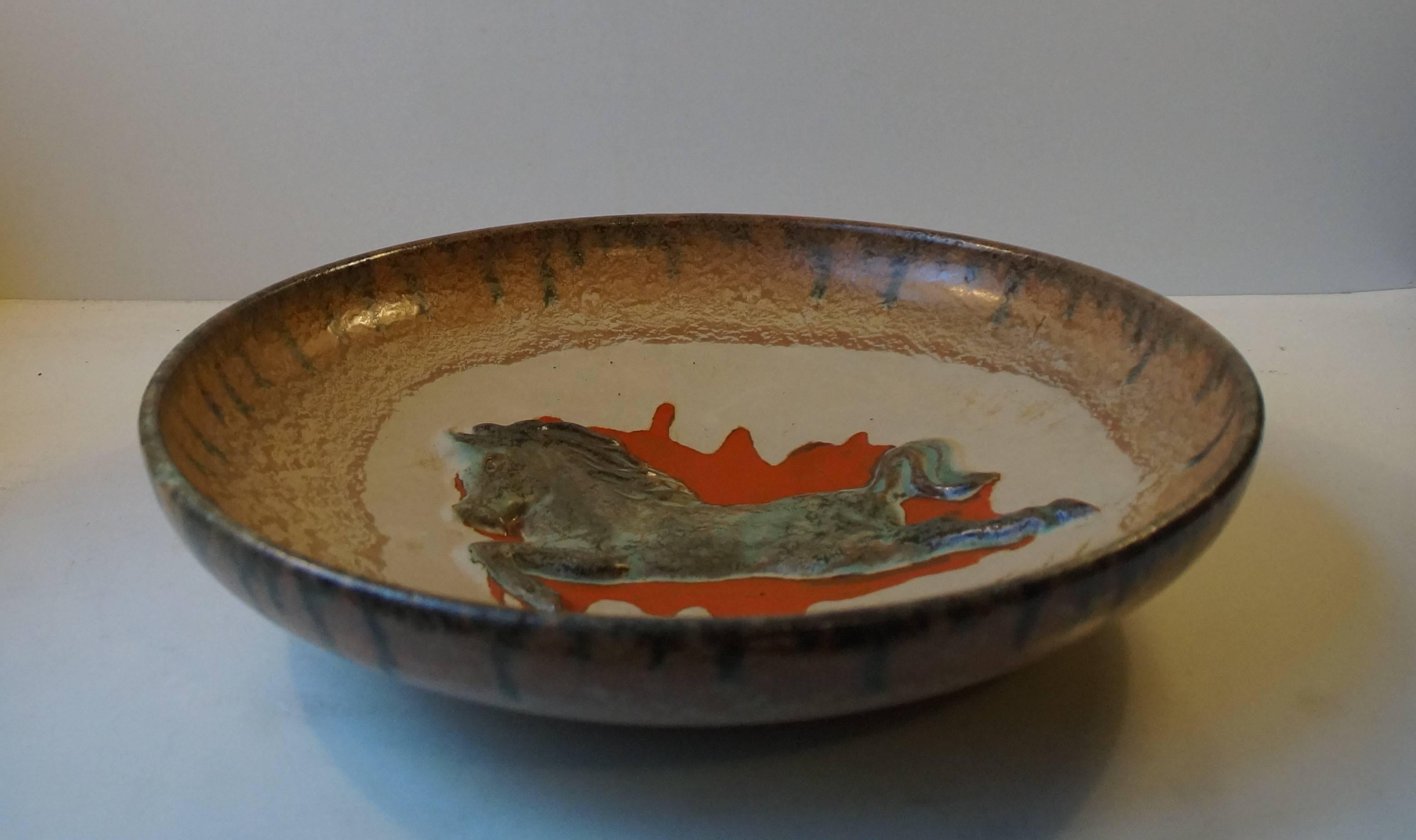 Glazed Unusual Mid-Century Stoneware Centrepiece 'Horse' Bowl by John Anderson Hoganas For Sale