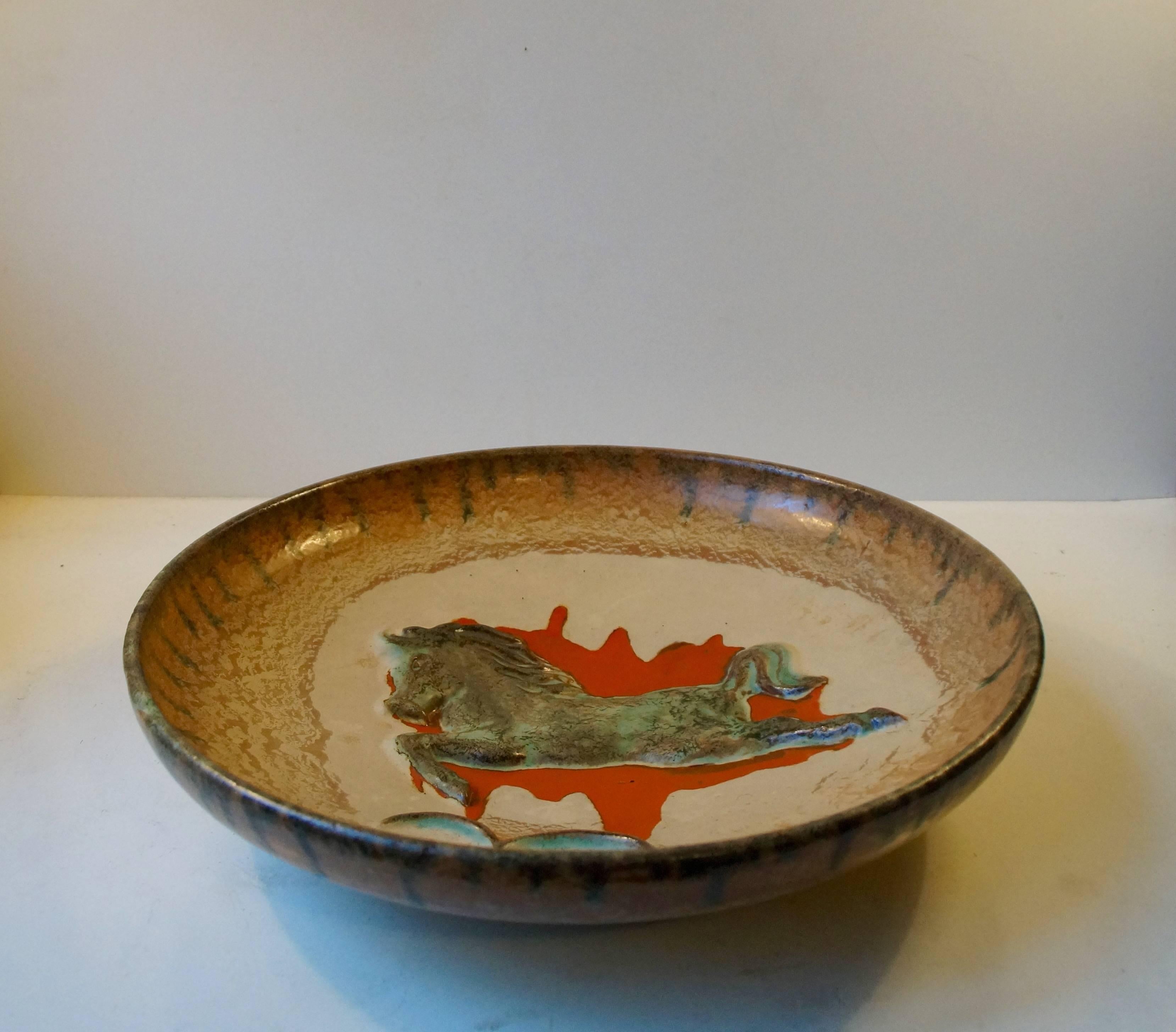 Swedish Unusual Mid-Century Stoneware Centrepiece 'Horse' Bowl by John Anderson Hoganas For Sale