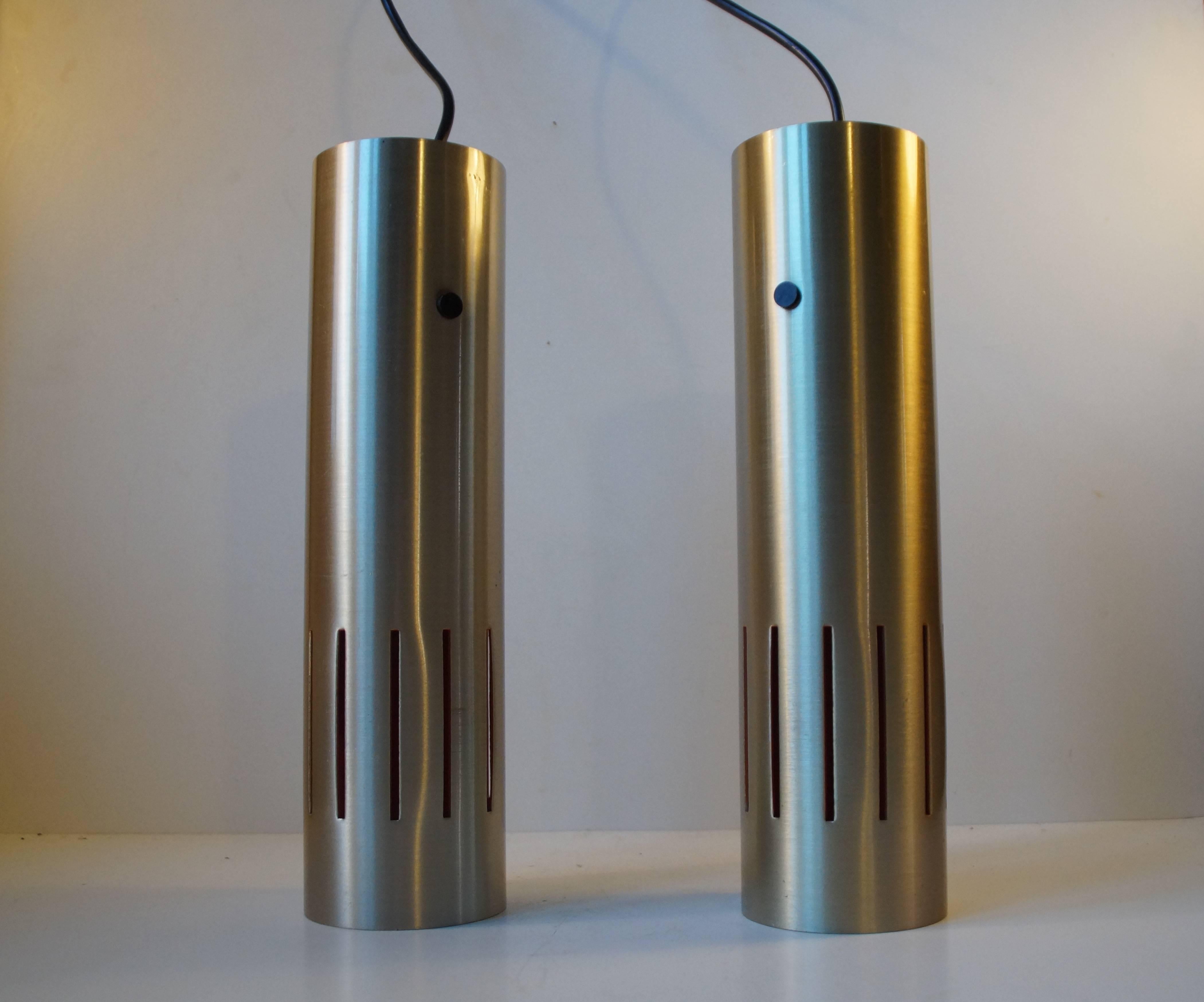 Anodized Pair of Jo Hammerborg Trombone Pendant Lamps for Fog & Morup, Denmark, 1960s