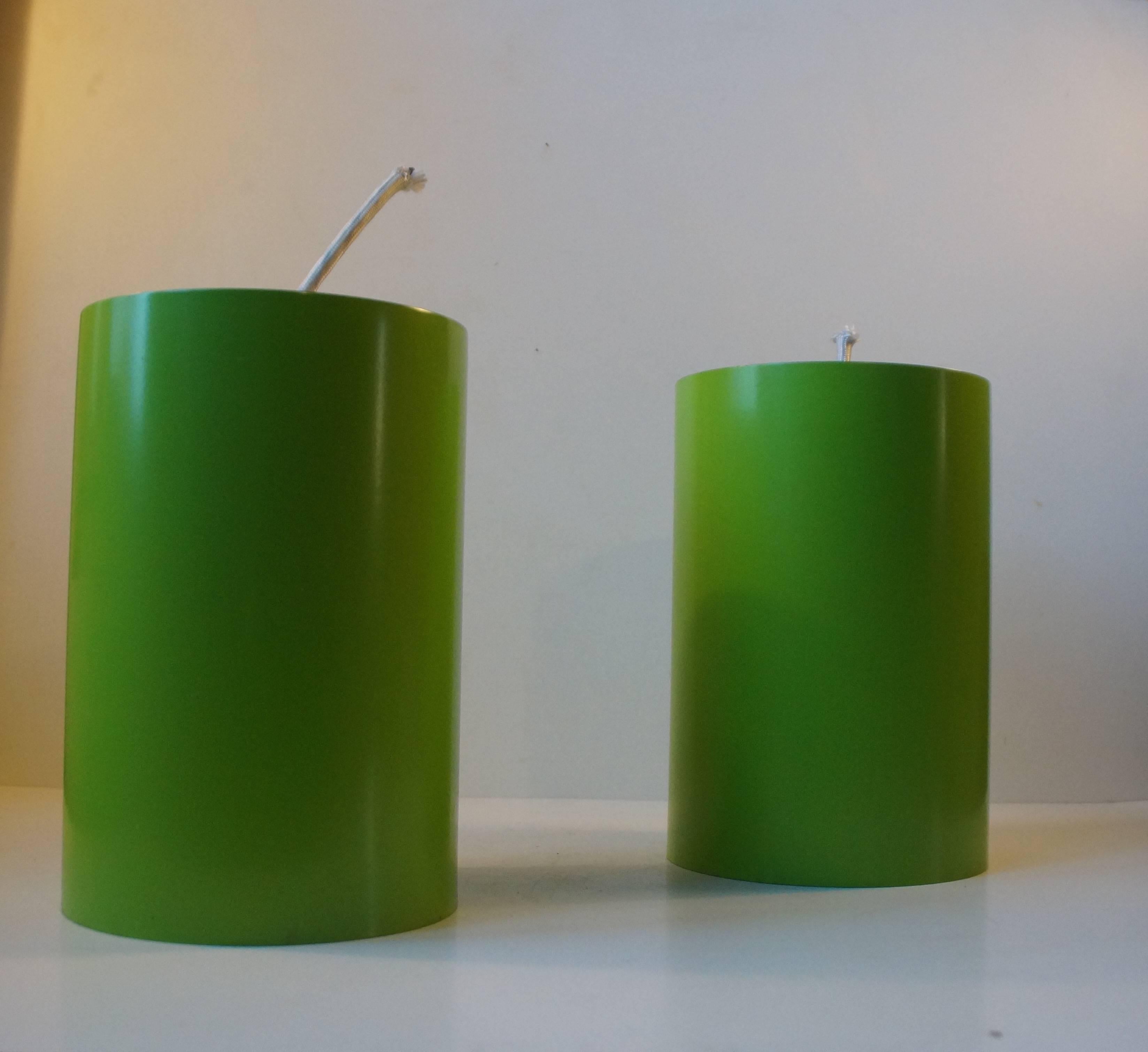 Danish Pair of Cylindrical Avocado Green Pendant Lamps by Louis Poulsen, Denmark, 1970s