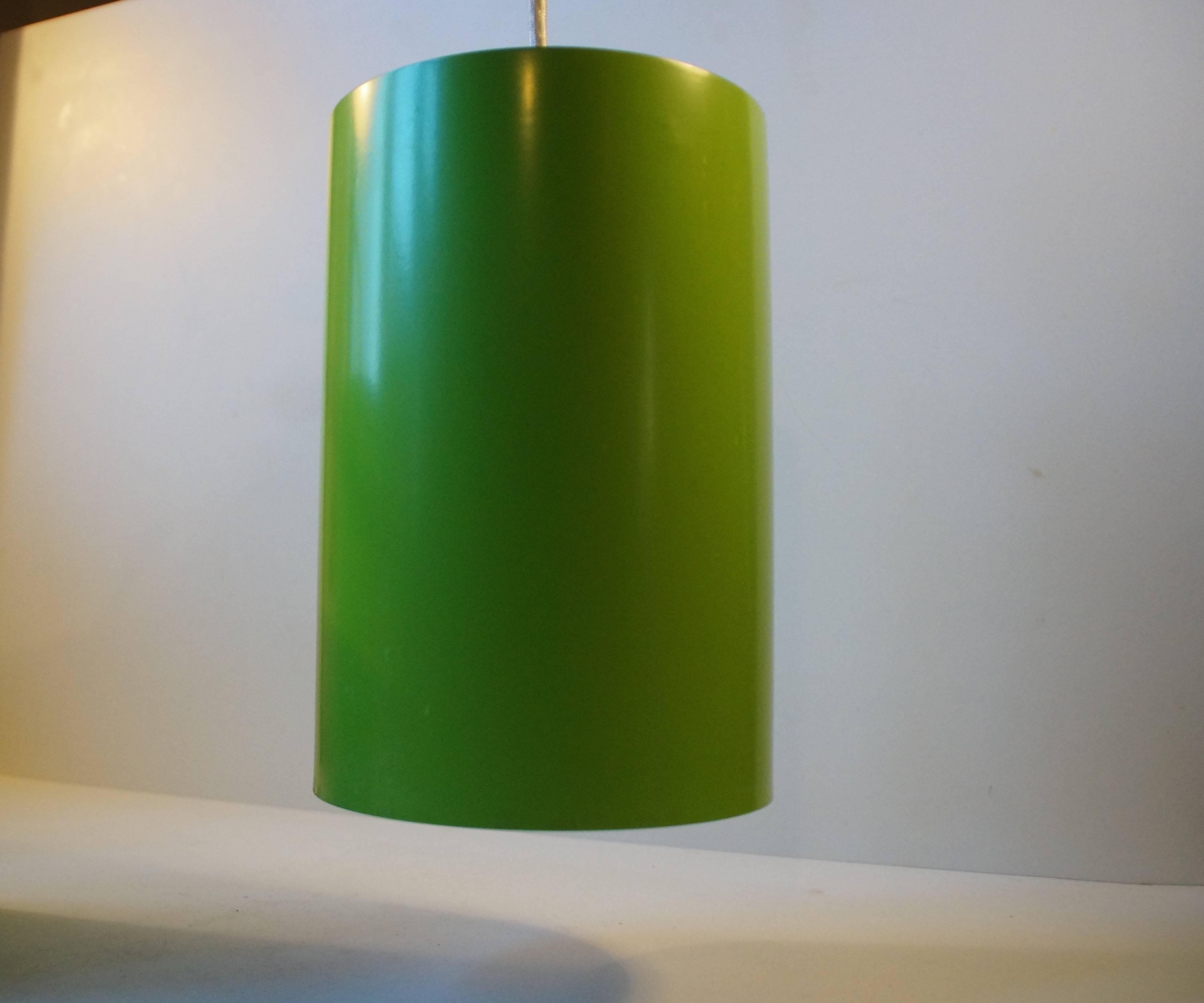 Late 20th Century Pair of Cylindrical Avocado Green Pendant Lamps by Louis Poulsen, Denmark, 1970s