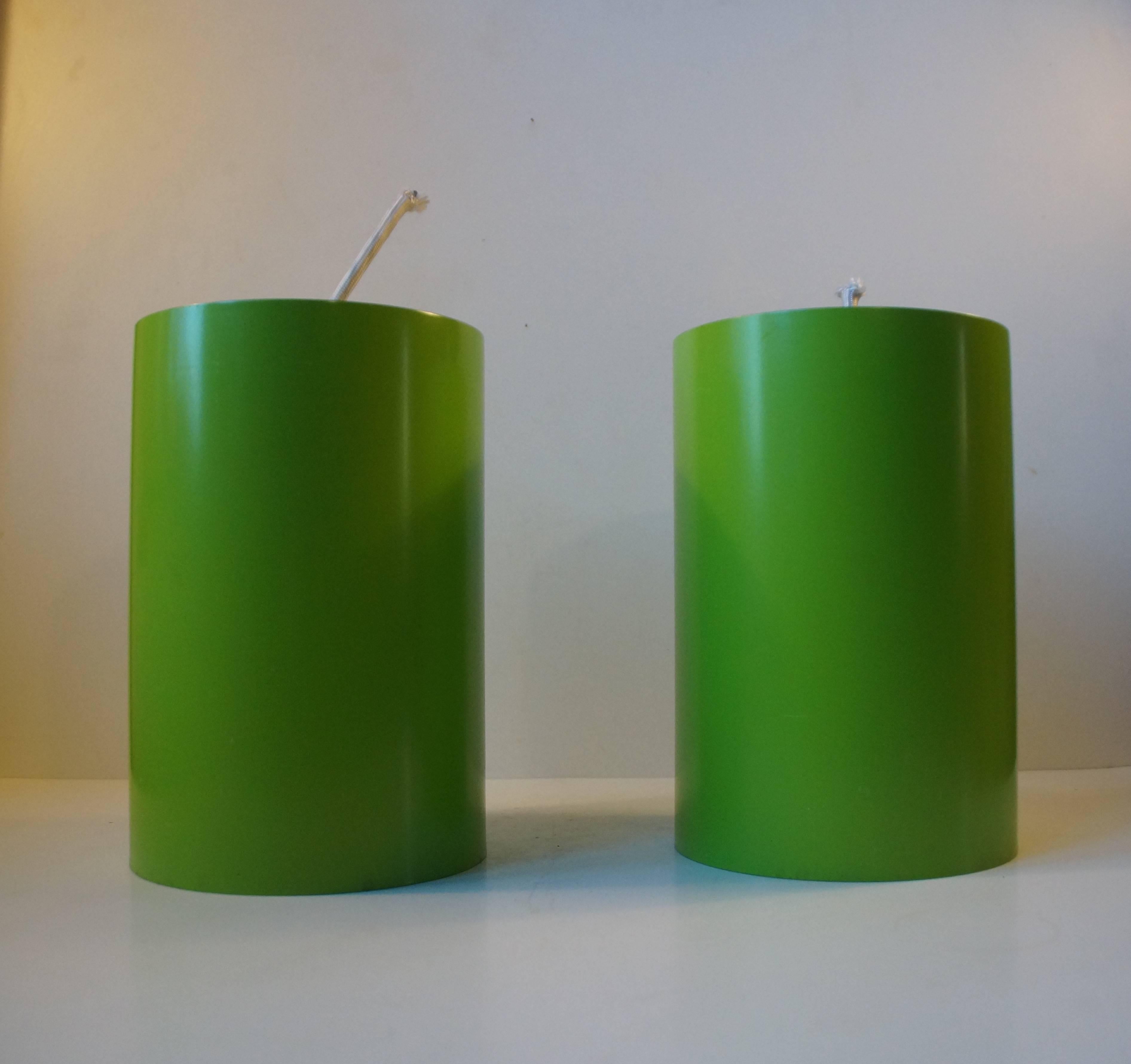 Powder-Coated Pair of Cylindrical Avocado Green Pendant Lamps by Louis Poulsen, Denmark, 1970s