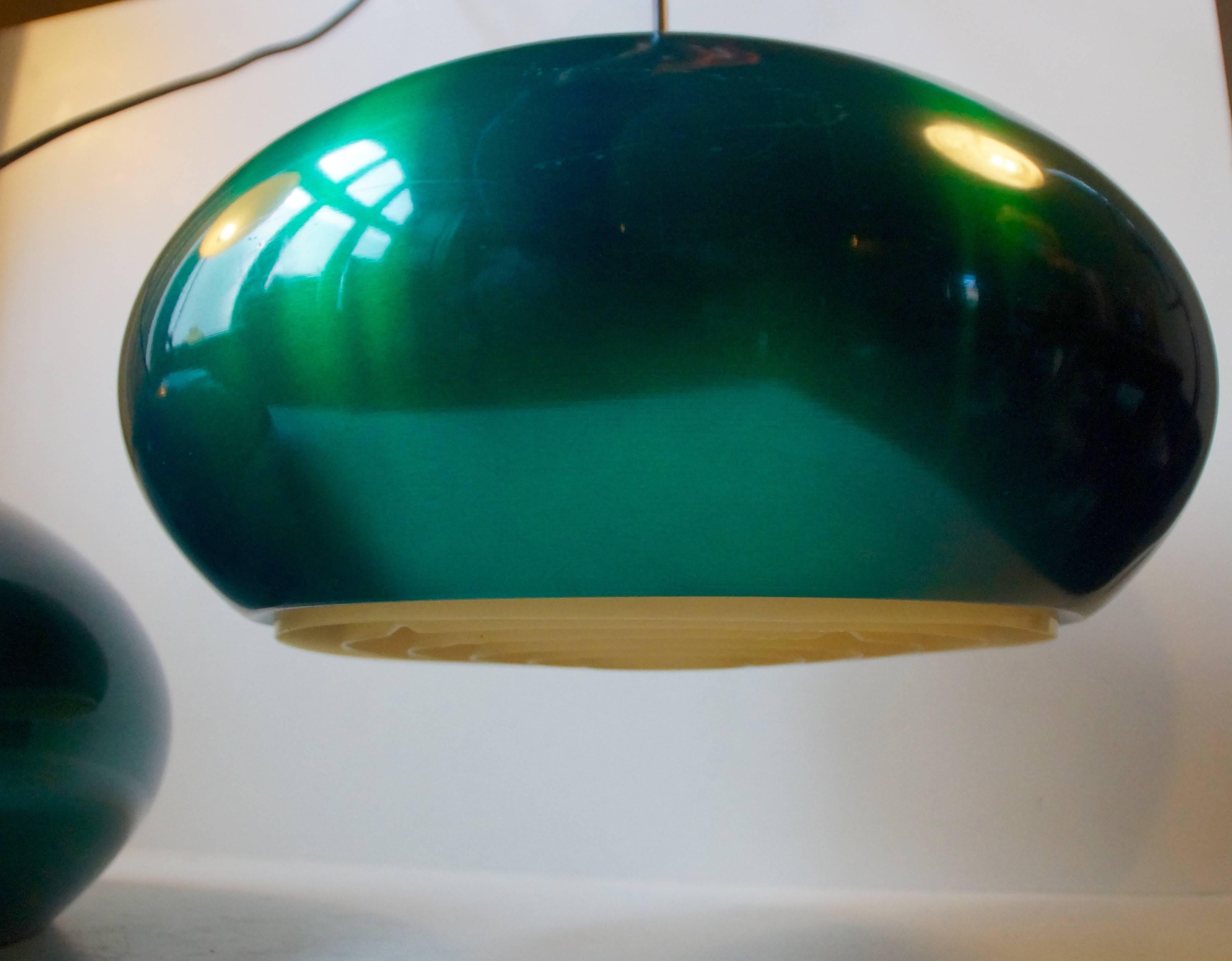 Mid-Century Modern Pair of Green Anodized Aluminum Danish Pendant Lights 'Medio' by Jo Hammerborg