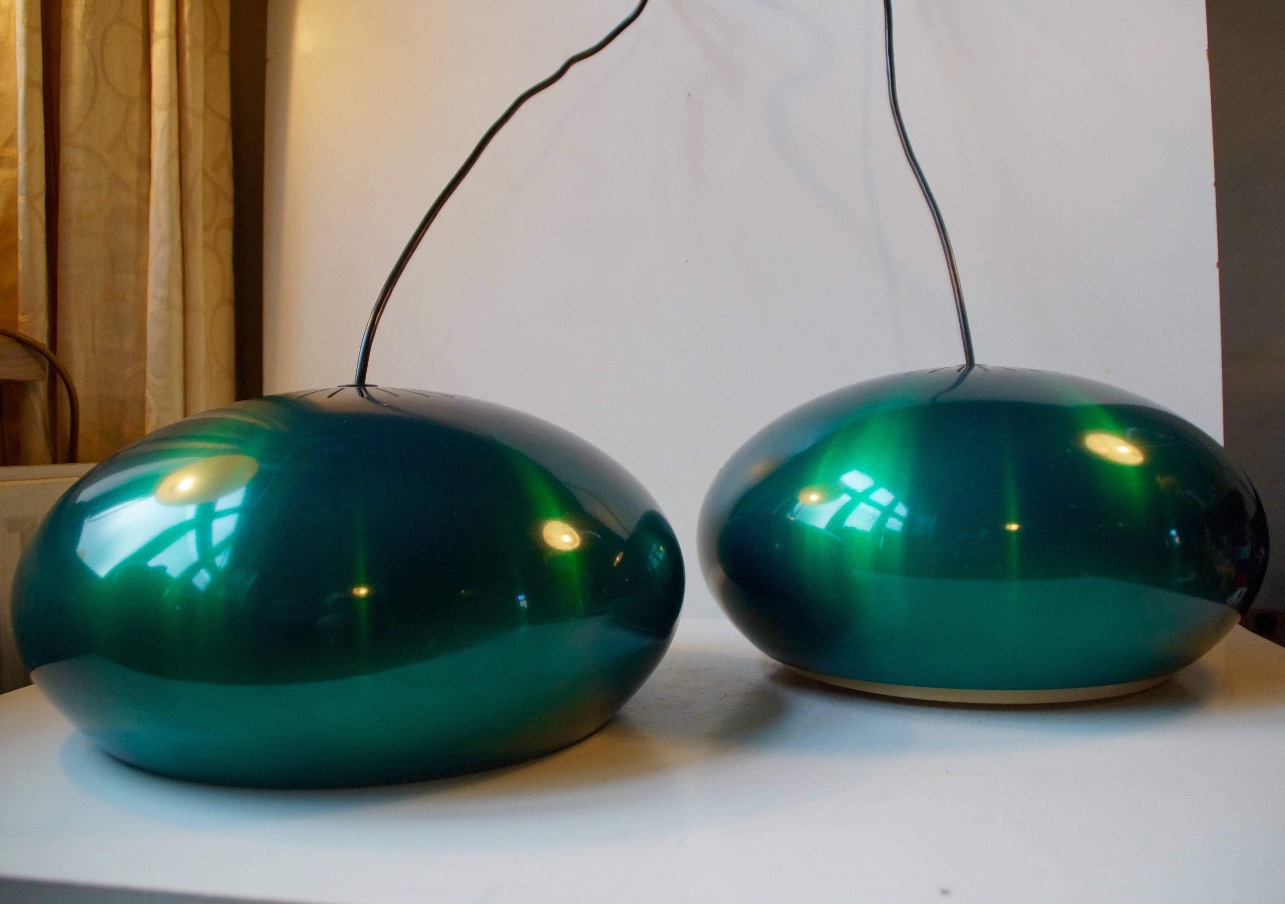 Mid-20th Century Pair of Green Anodized Aluminum Danish Pendant Lights 'Medio' by Jo Hammerborg