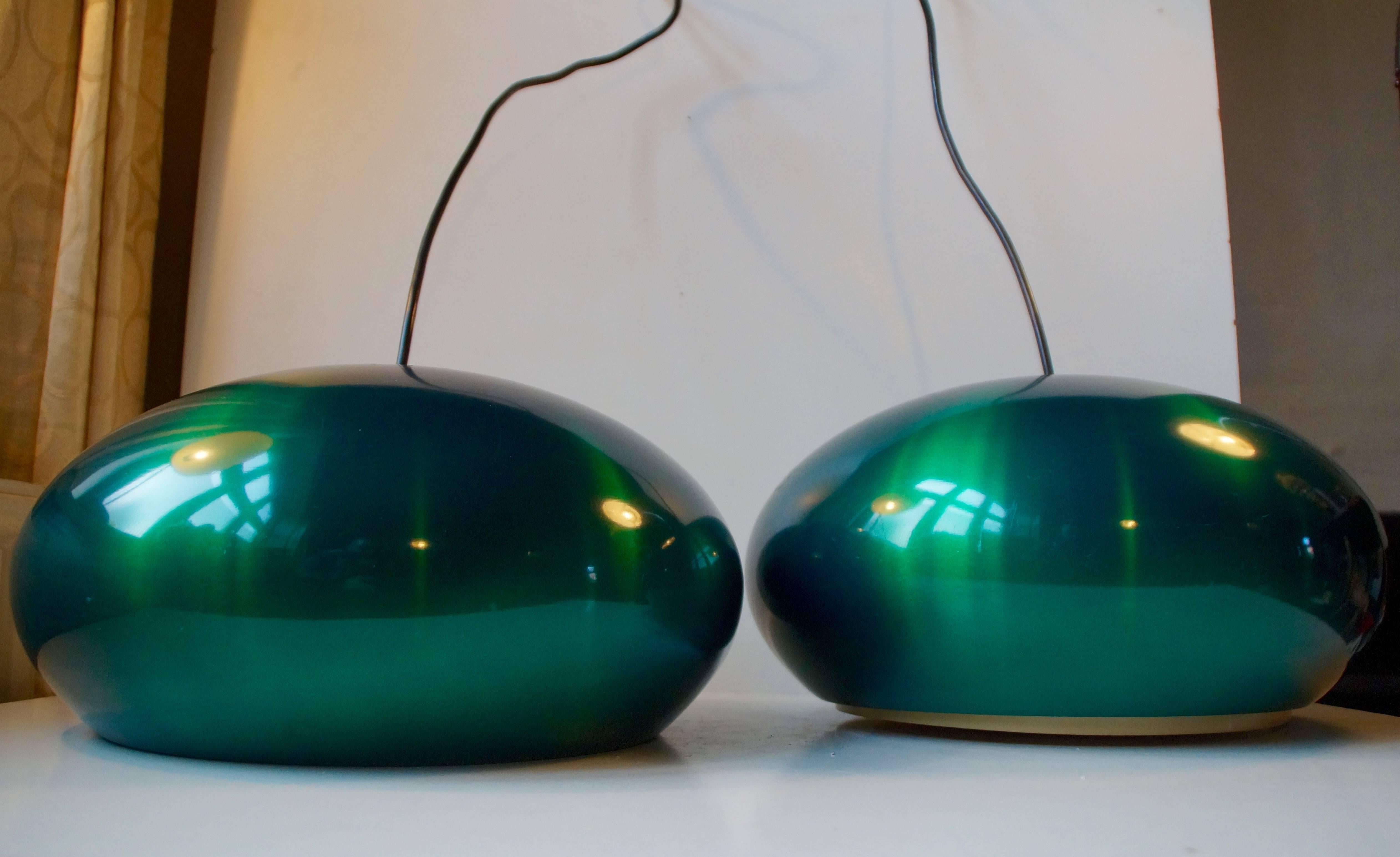 Pair of Green Anodized Aluminum Danish Pendant Lights 'Medio' by Jo Hammerborg 1