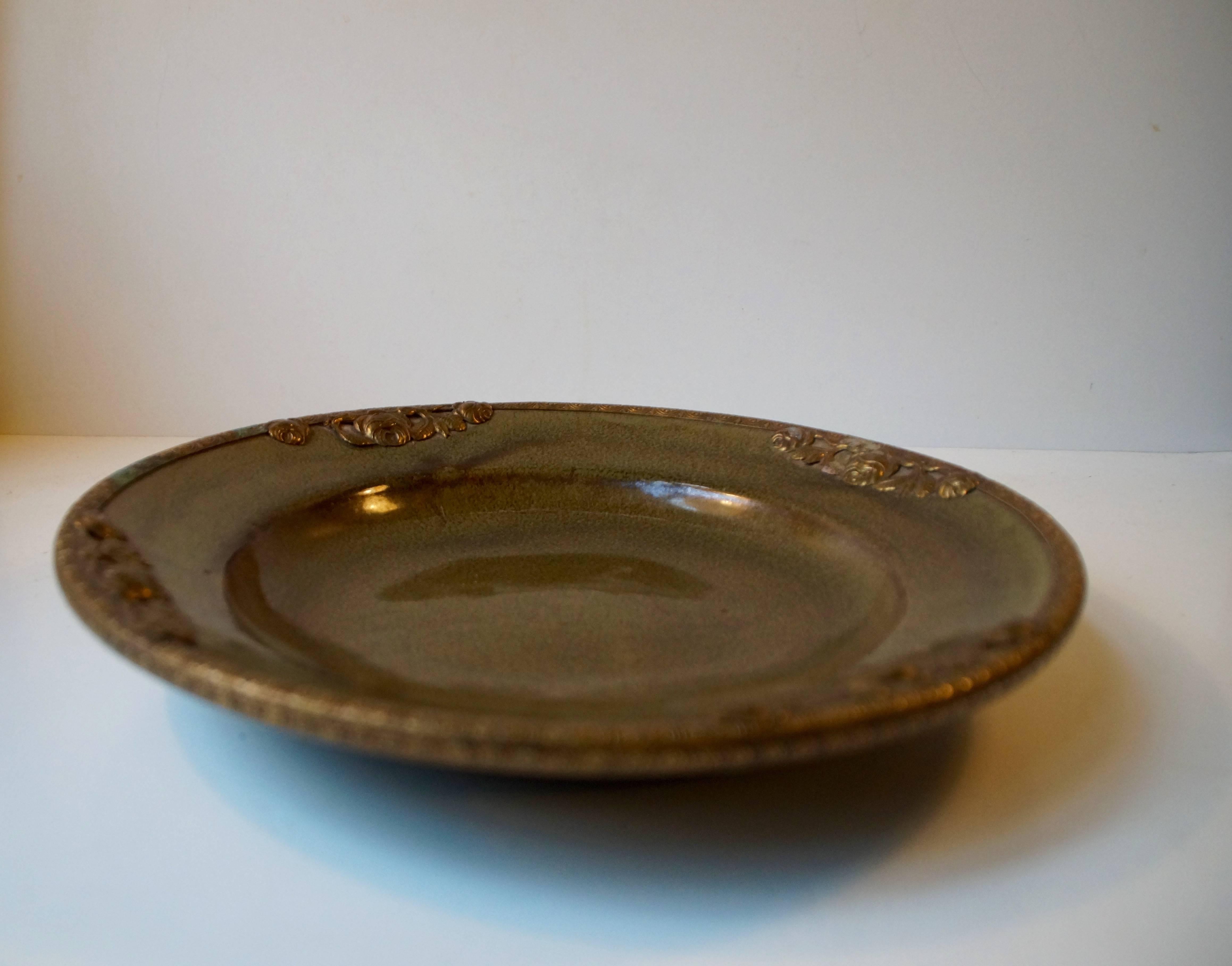 Art Nouveau Danish Stoneware Bowl by Michael Andersen with Floral Brass Edge and Ornaments For Sale