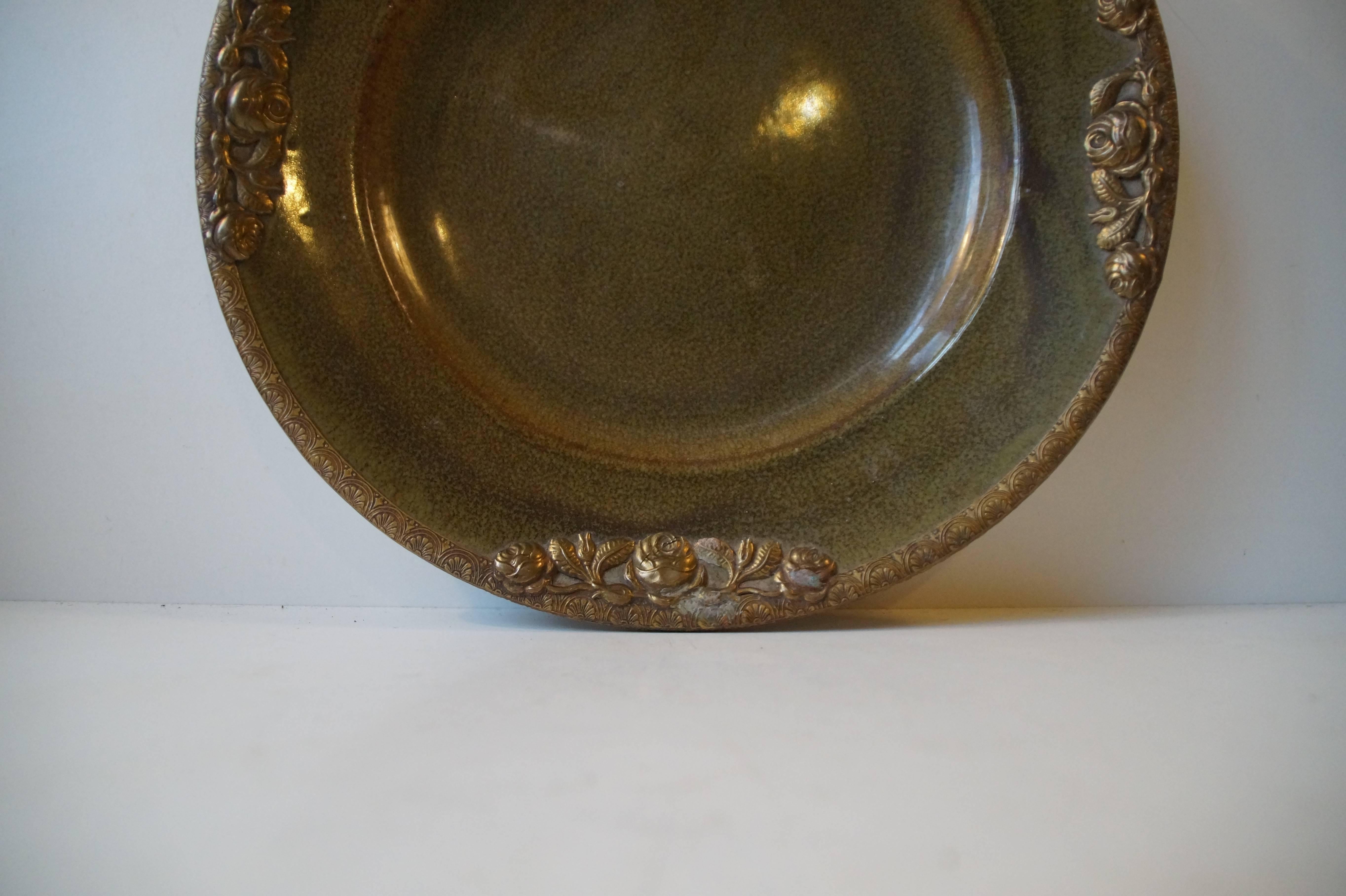 Early 20th Century Danish Stoneware Bowl by Michael Andersen with Floral Brass Edge and Ornaments For Sale
