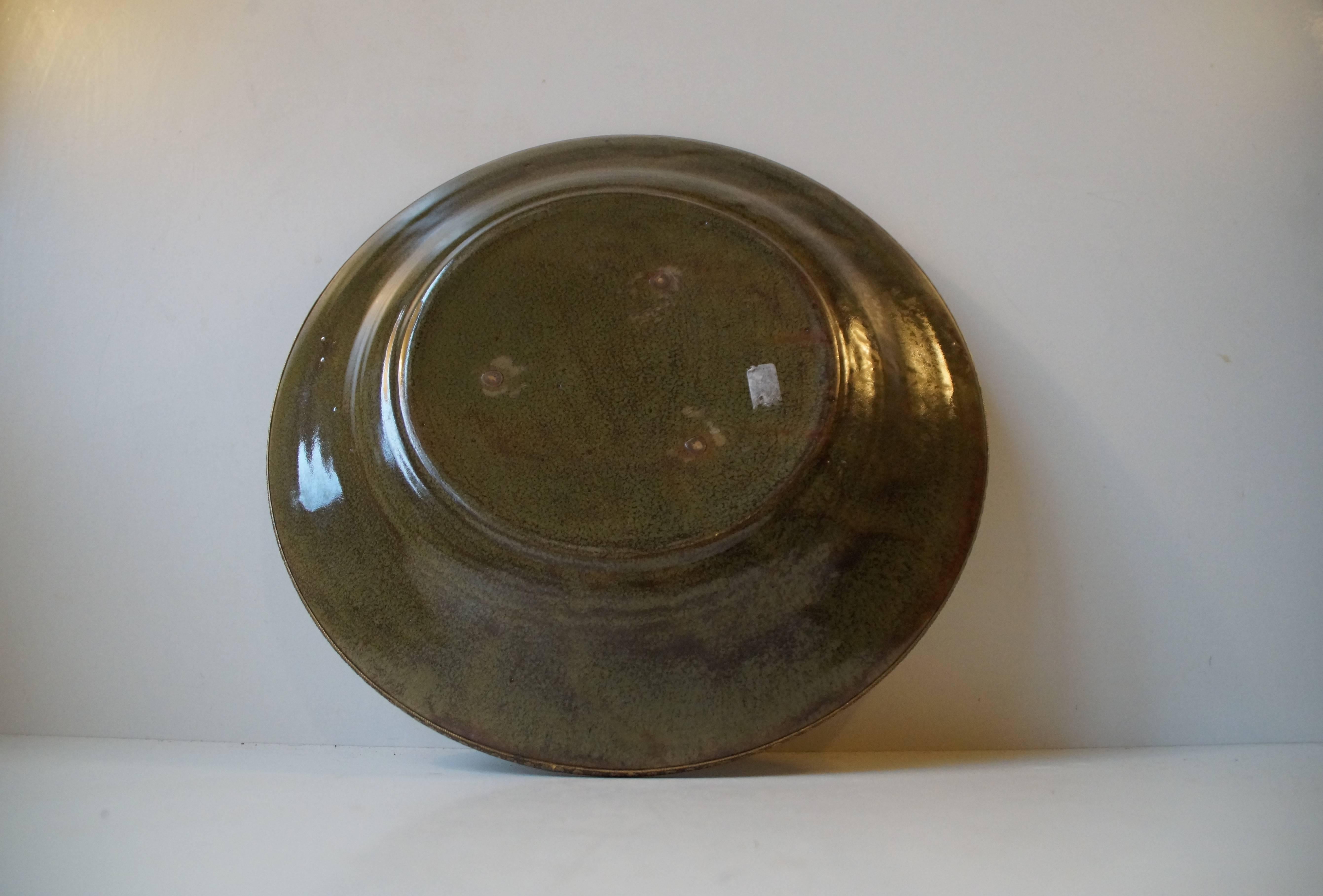 Danish Stoneware Bowl by Michael Andersen with Floral Brass Edge and Ornaments For Sale 2
