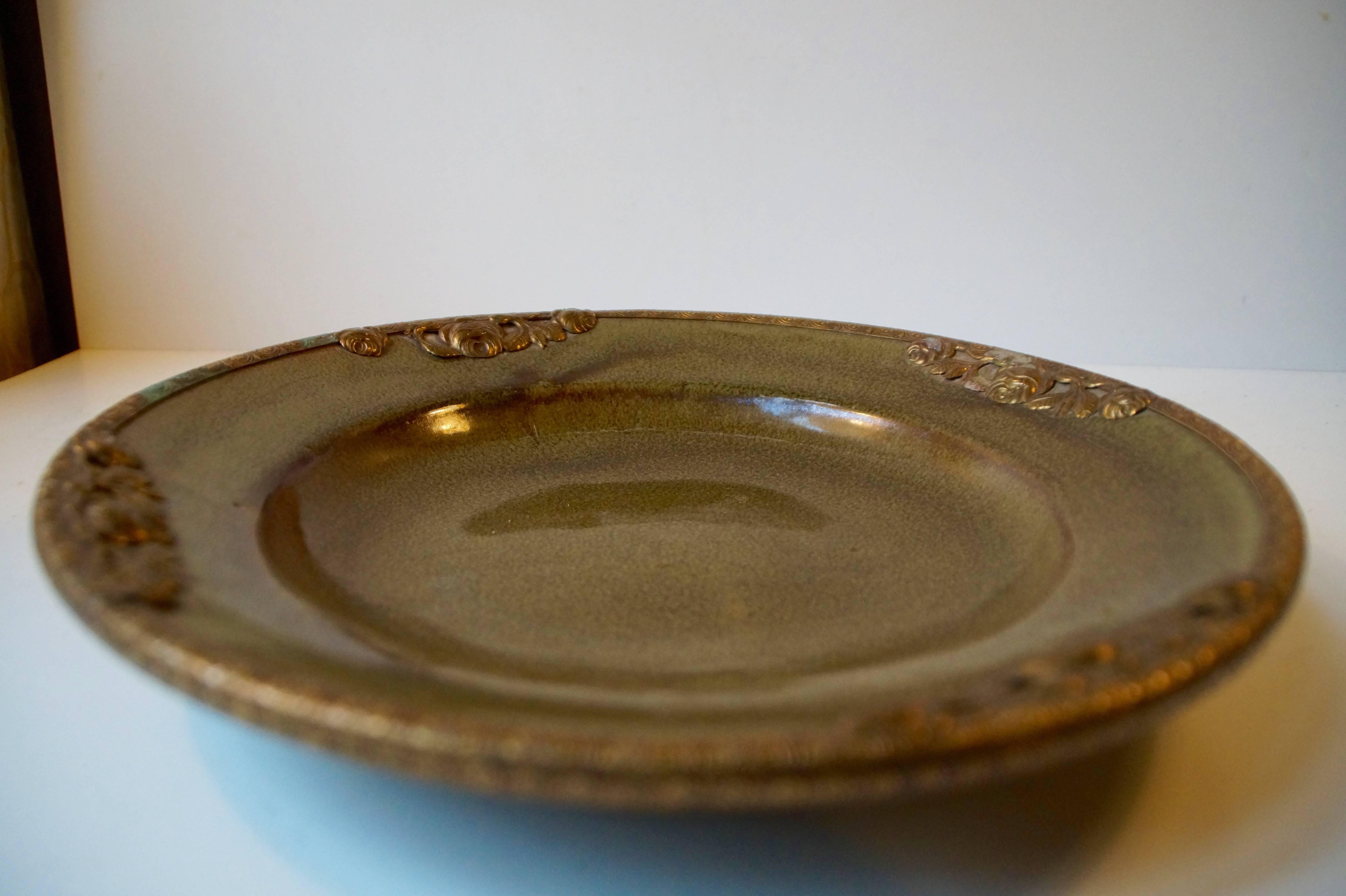 Danish Stoneware Bowl by Michael Andersen with Floral Brass Edge and Ornaments For Sale 3