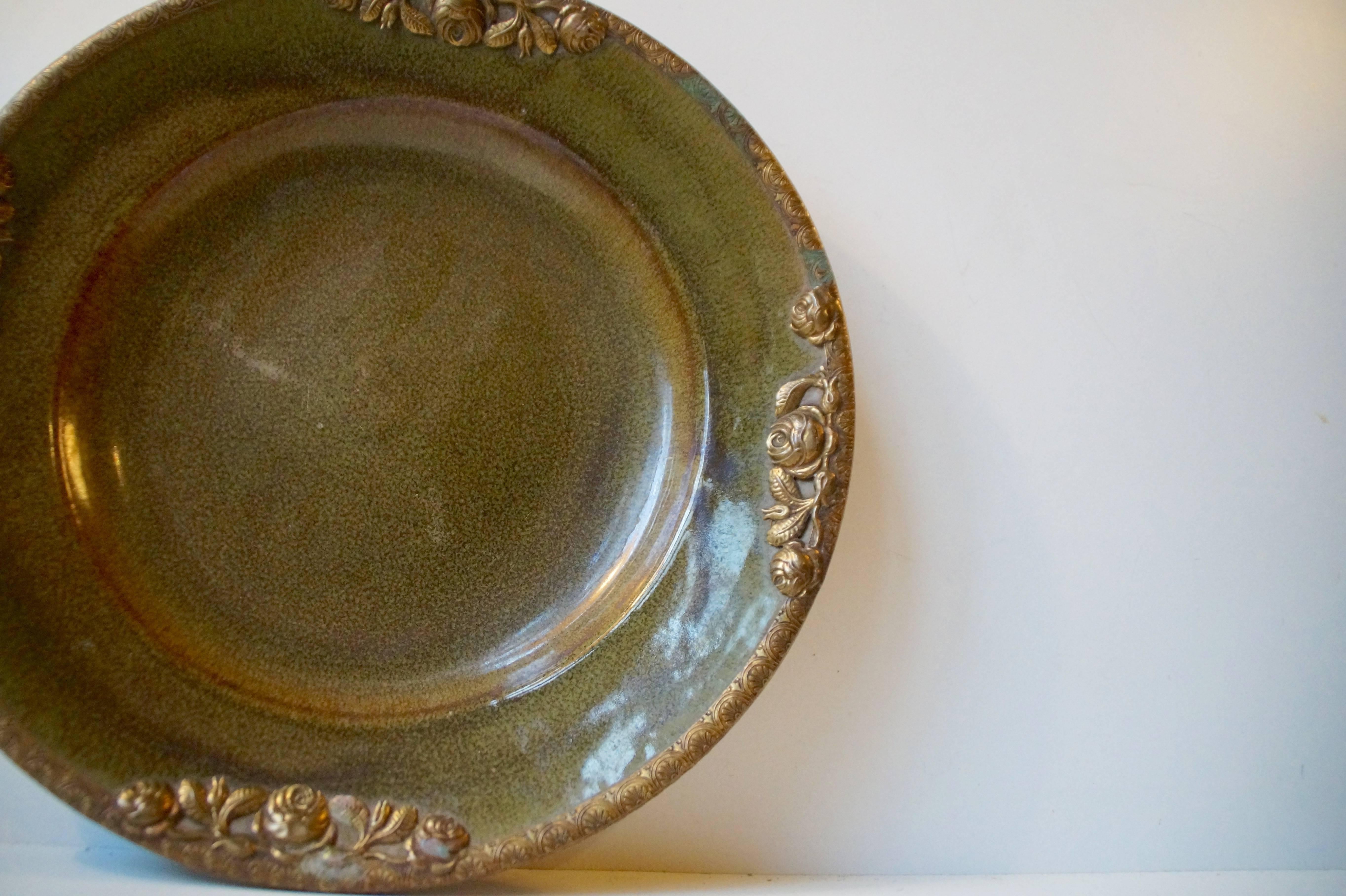 Danish Stoneware Bowl by Michael Andersen with Floral Brass Edge and Ornaments For Sale 4