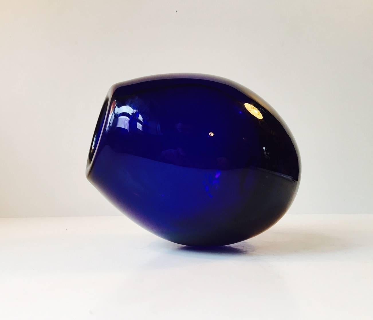 Blown Glass Drop Shaped Cobalt Blue Art Glass Vase, Per Lutken for Holmegaard, Denmark 1960