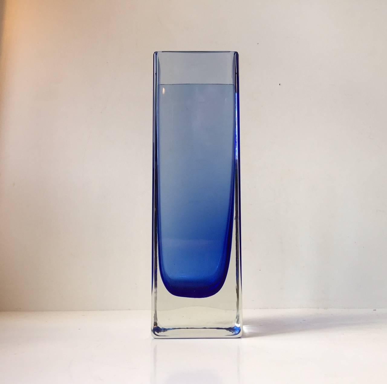 Mid-Century glass vase with blue hues designed by Gunnar Ander. Great 'Ice-Breaker' for minimalistic interiors. Measures: Height 8.4 inches.