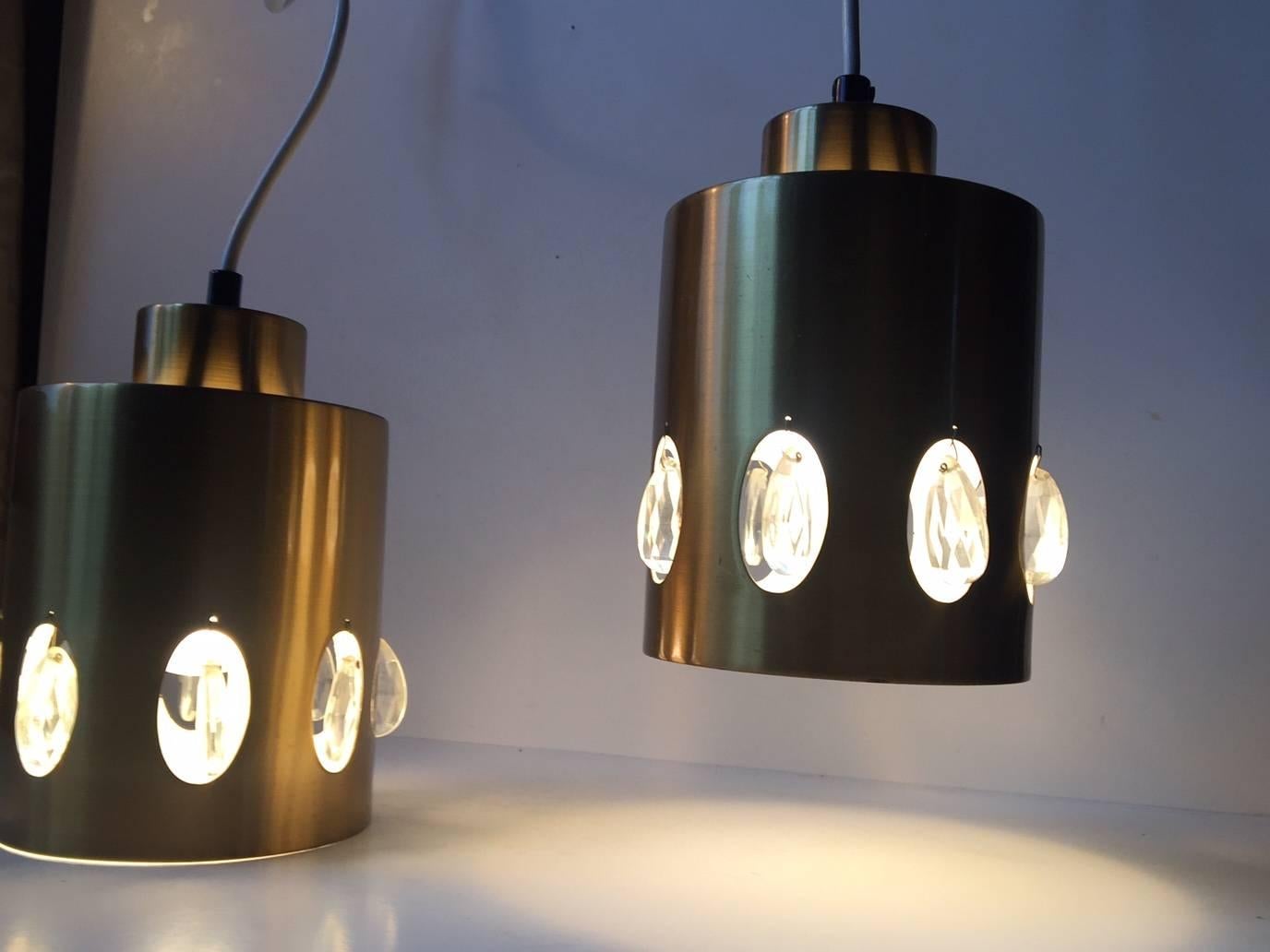 Faceted Pair of Danish Mid-Century Brass and Crystal Pendant Lights from Vitrika, 1960s