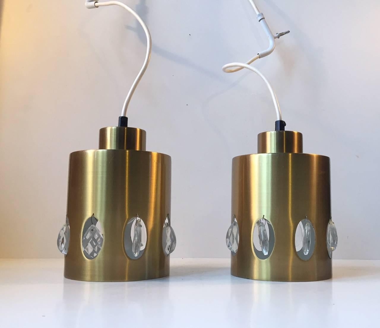 Pair of Danish Mid-Century Brass and Crystal Pendant Lights from Vitrika, 1960s 2