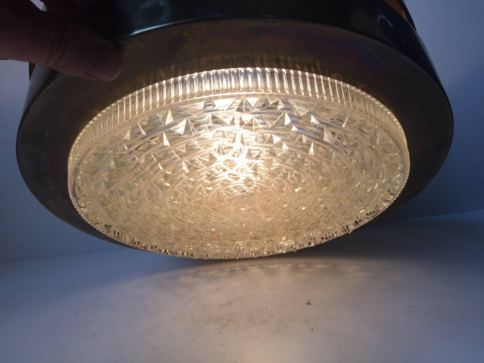 Mid-20th Century Brass & Crystal Flying Saucer Pendant Lamp by Lisa Johansson-Pape, Orno Finland
