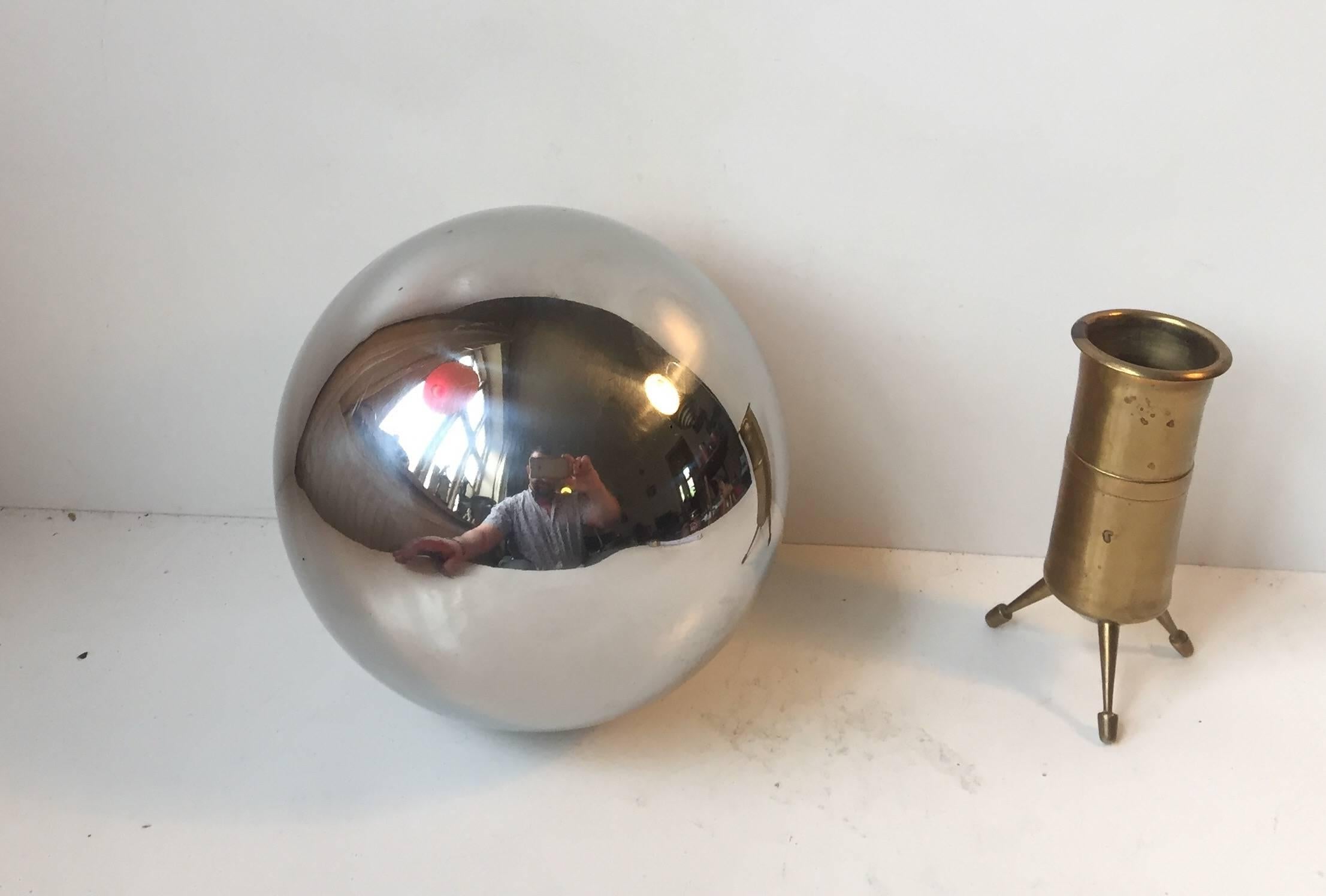 Mid-Century Modern Unusual Mirror Sphere on Tripod Brass Stand, Reflects the Entire Room