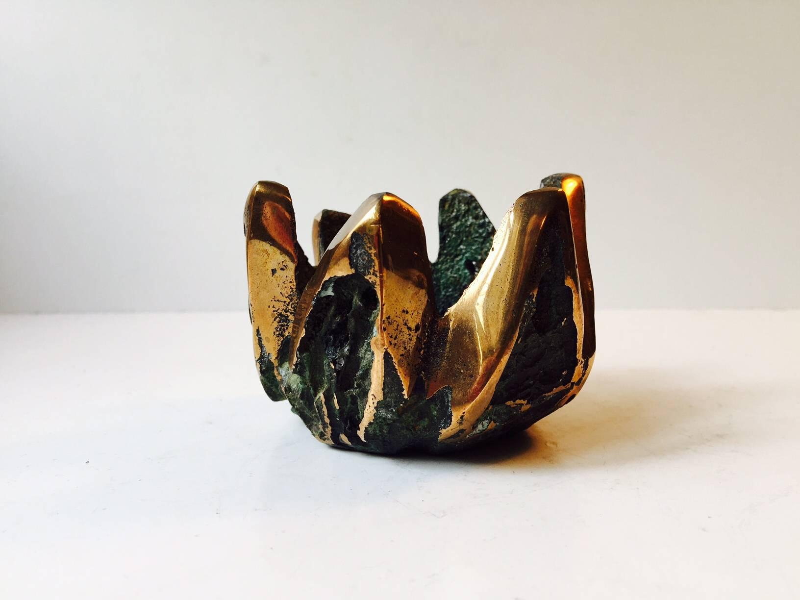 Patinated Small Danish Brutalist Bronze Vessel with Green Verdigris and Polished Spikes