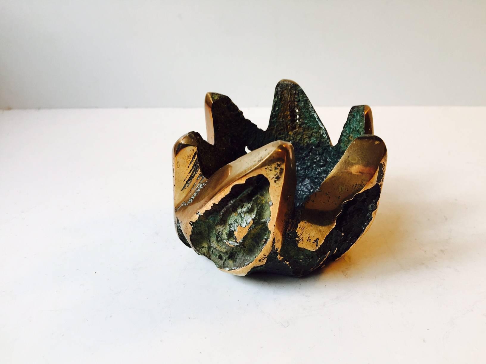 Small Danish Brutalist Bronze Vessel with Green Verdigris and Polished Spikes 1