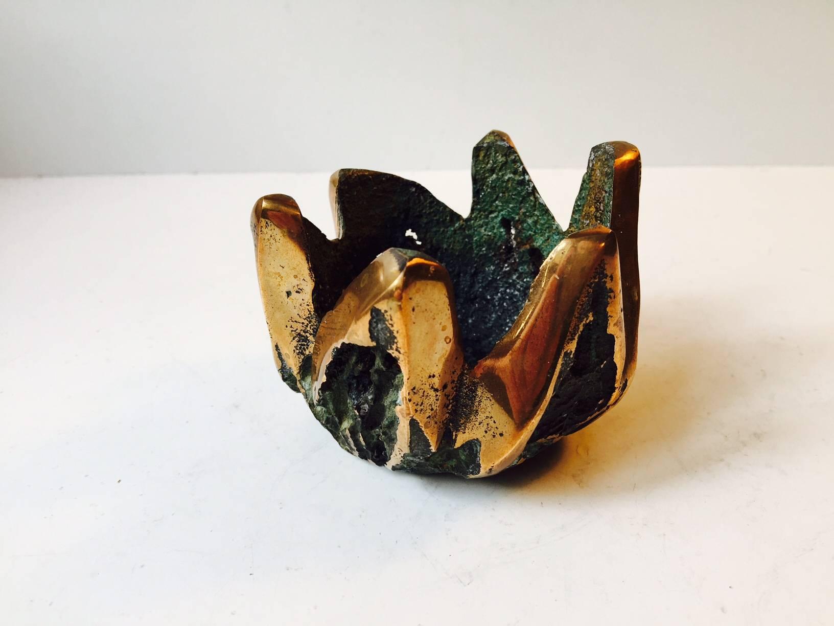 Small Danish Brutalist Bronze Vessel with Green Verdigris and Polished Spikes 2