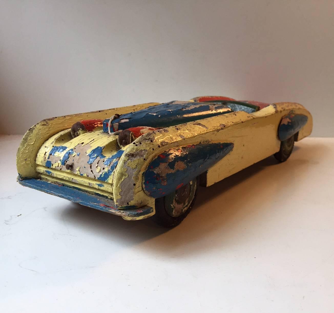 Unique, Decorative & Rustic 1930s Streamlined Wooden Toy Car with Dunlop Tires In Fair Condition In Esbjerg, DK