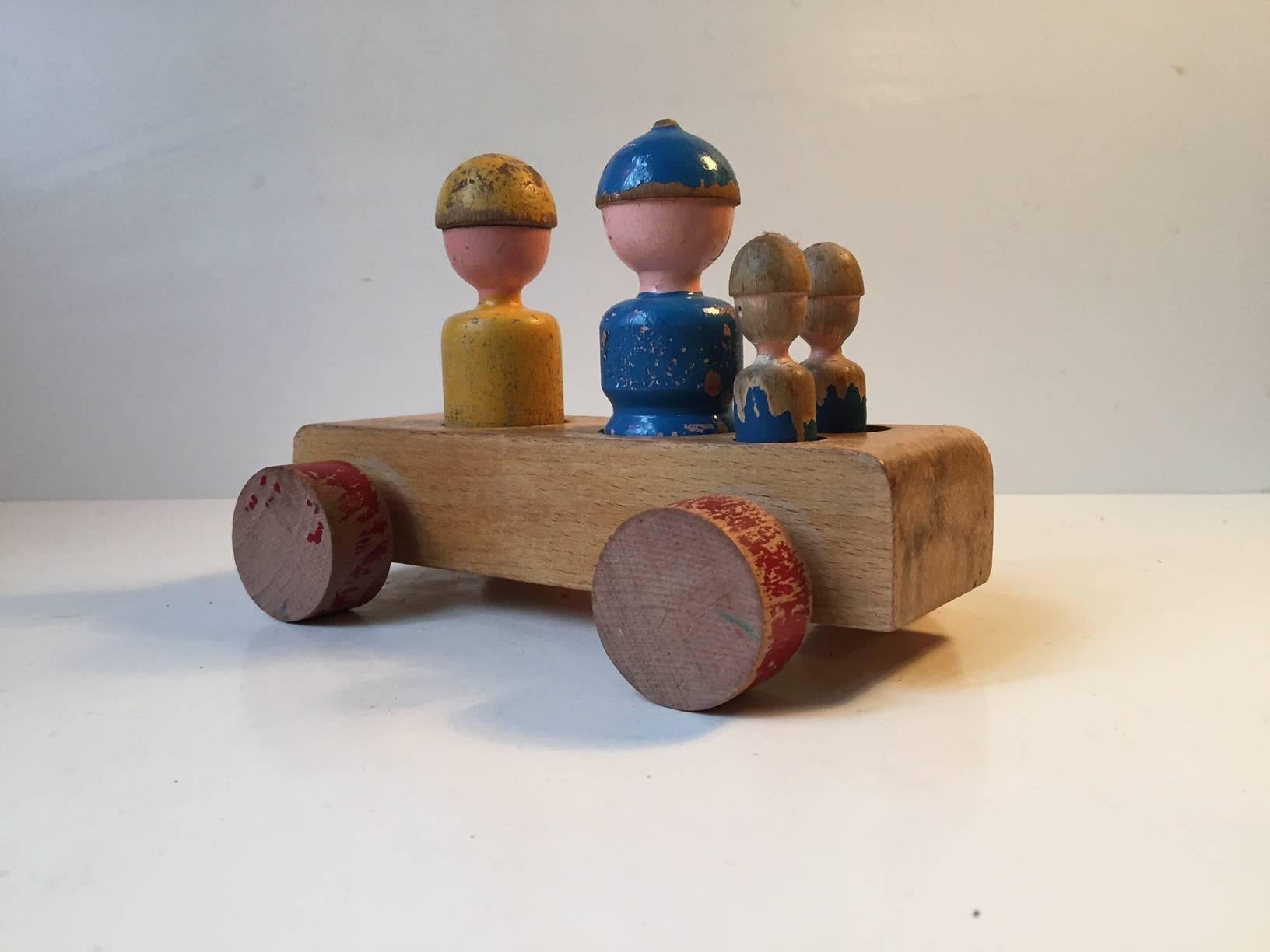 Painted Kay Bojesen Beech Toy Wagon 'a Family Trip', 1950s, Denmark