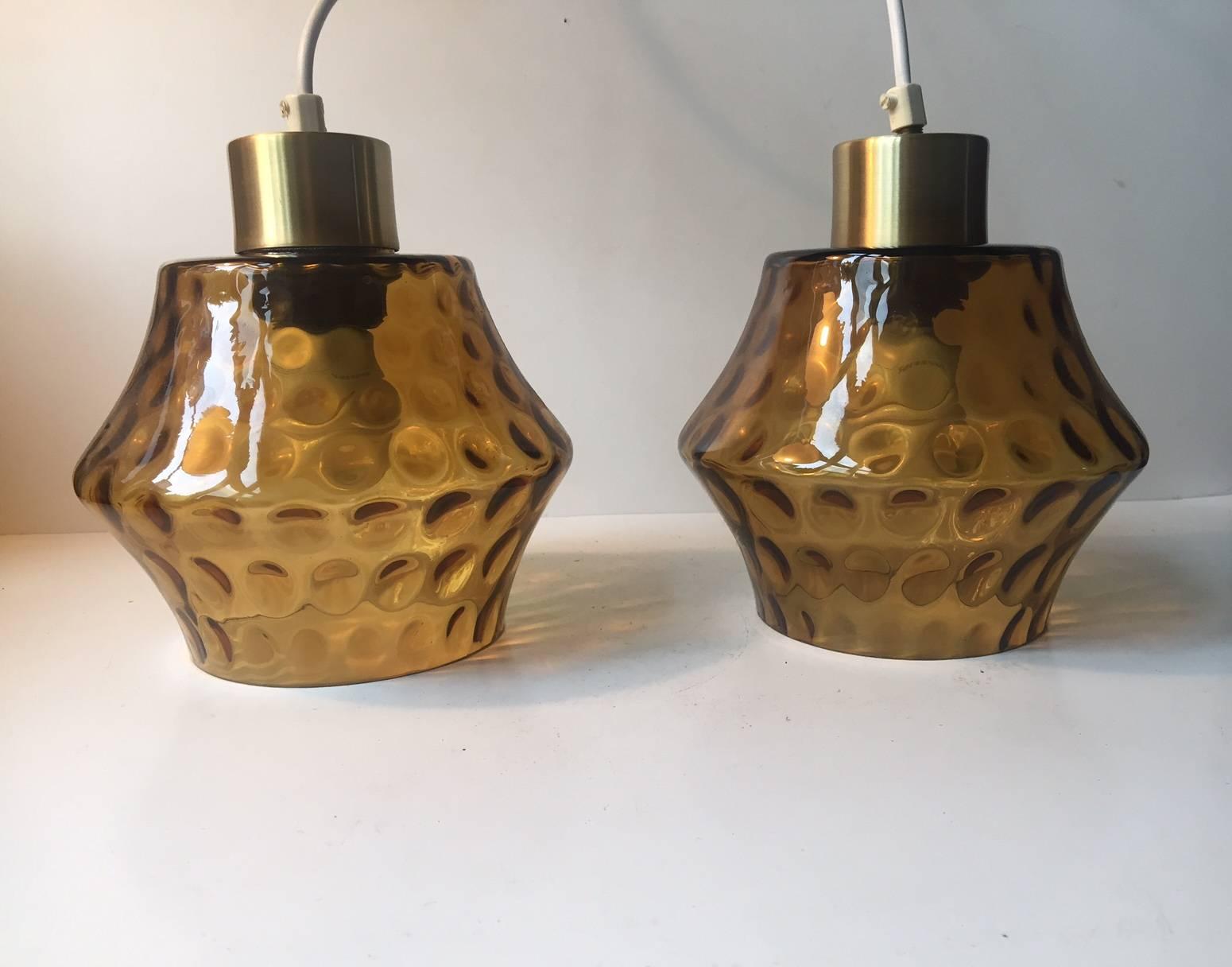 Mid-20th Century Pair of Danish Mid-Century Optical Smoke Glass Pendant Lights, Vitrika, Denmark