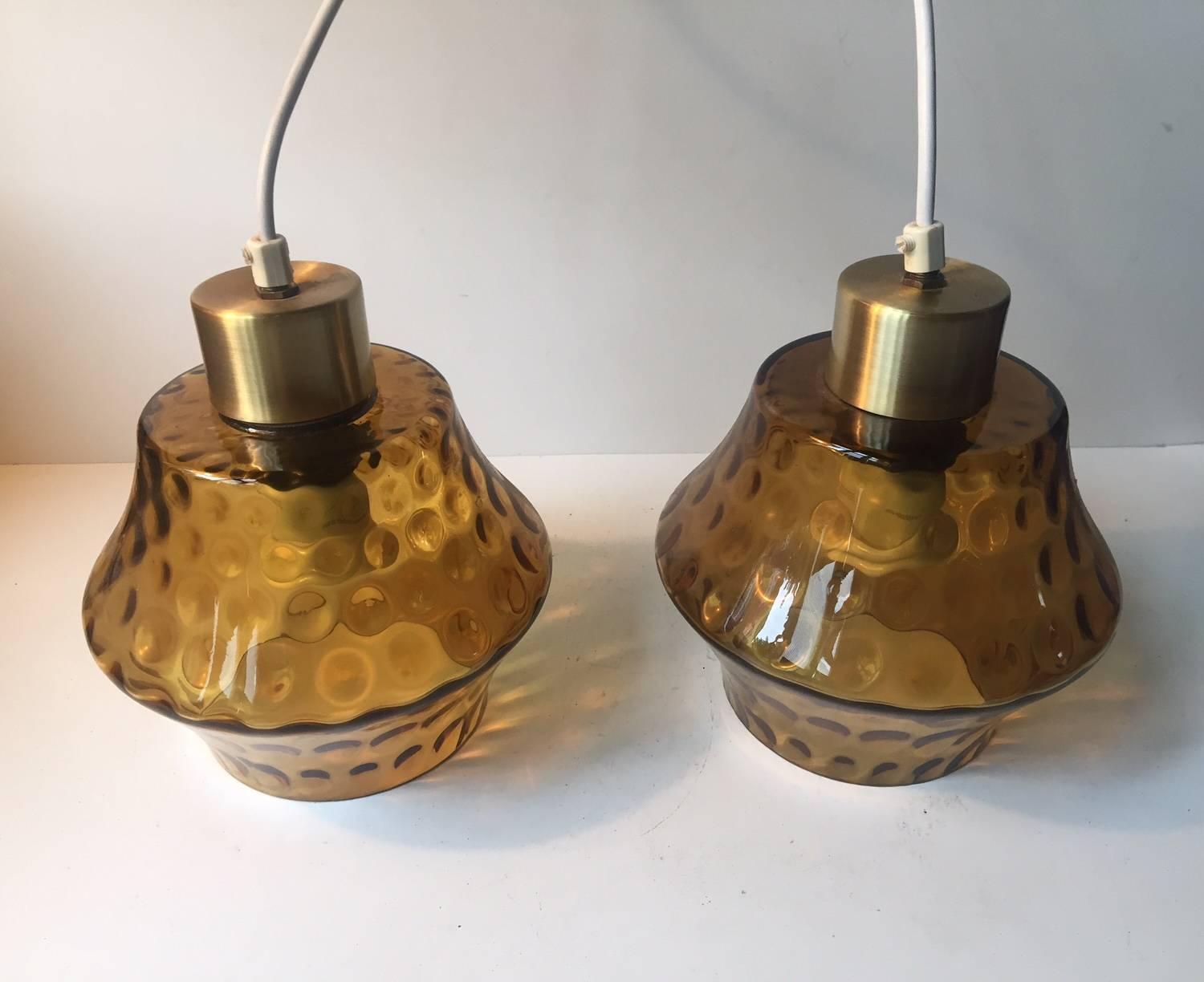 Blown Glass Pair of Danish Mid-Century Optical Smoke Glass Pendant Lights, Vitrika, Denmark