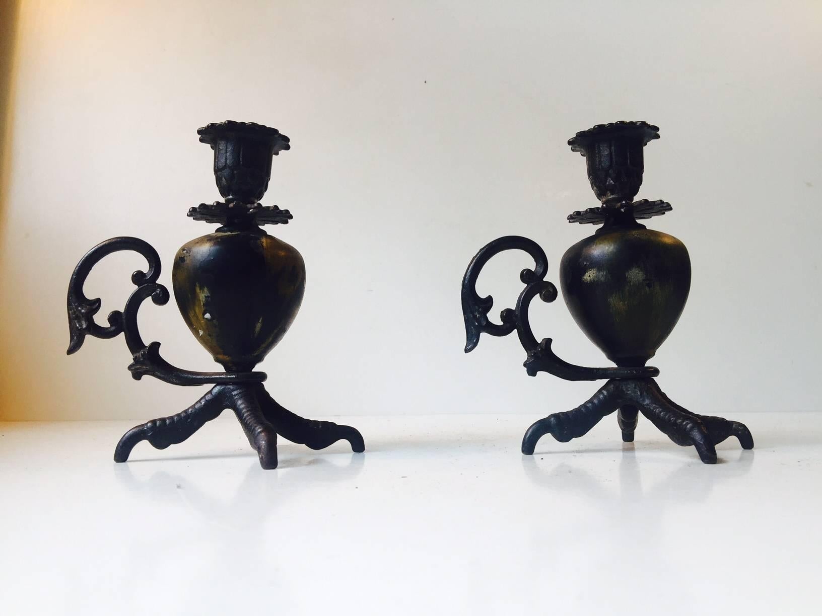 Glazed Pair of Antique Talon, Rooster Claw Chamber Candlesticks, Early 20th Century