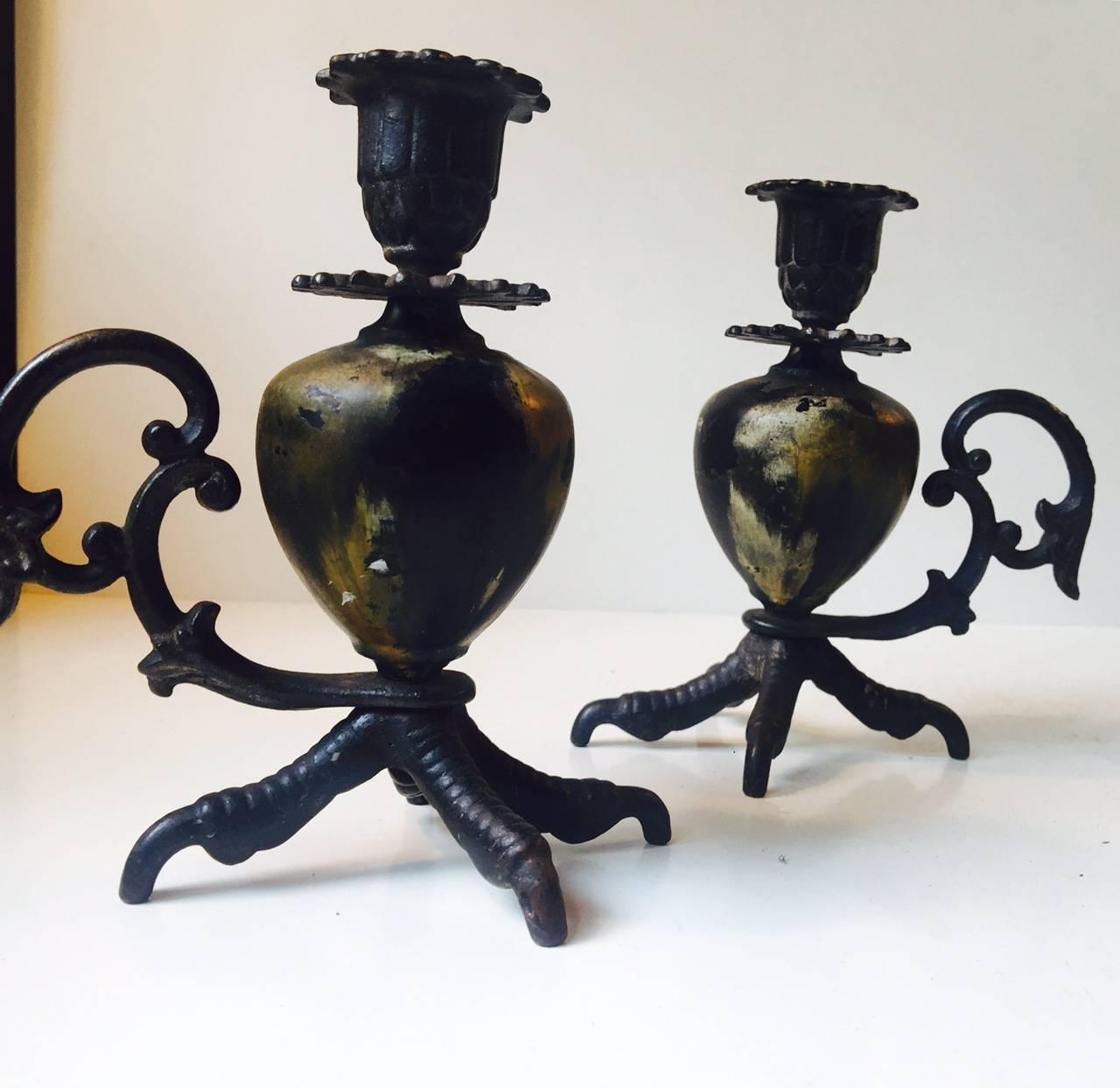 Gothic Revival Pair of Antique Talon, Rooster Claw Chamber Candlesticks, Early 20th Century