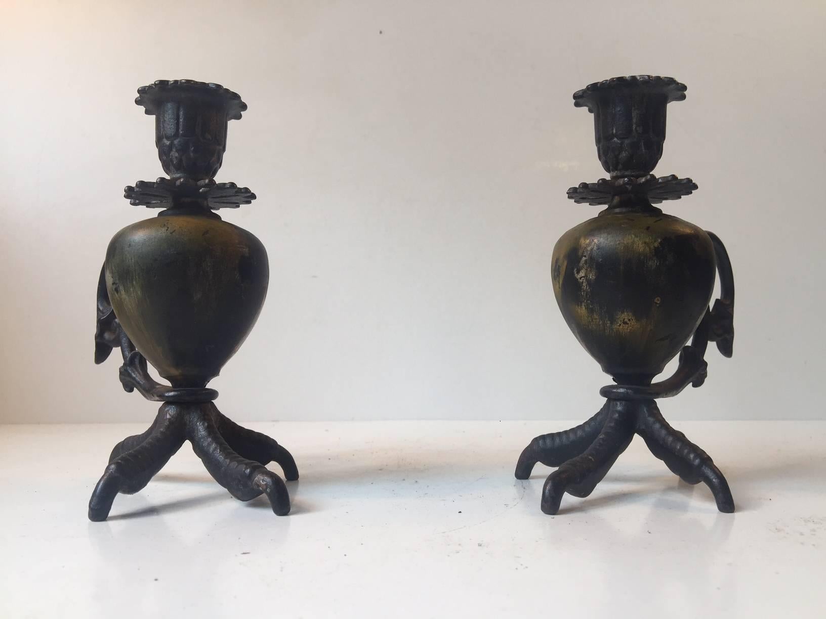 Pair of Antique Talon, Rooster Claw Chamber Candlesticks, Early 20th Century 1