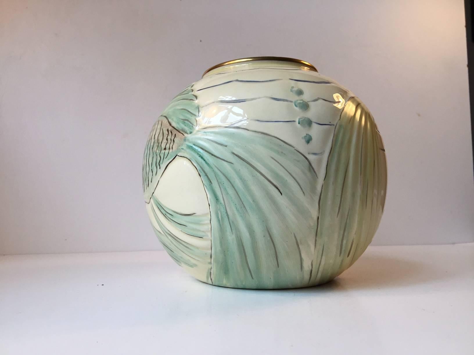 Glazed Art Deco Porcelain Ball Vase with 'Fish' Motif's by Spode's Royal Jasmine, 1930s