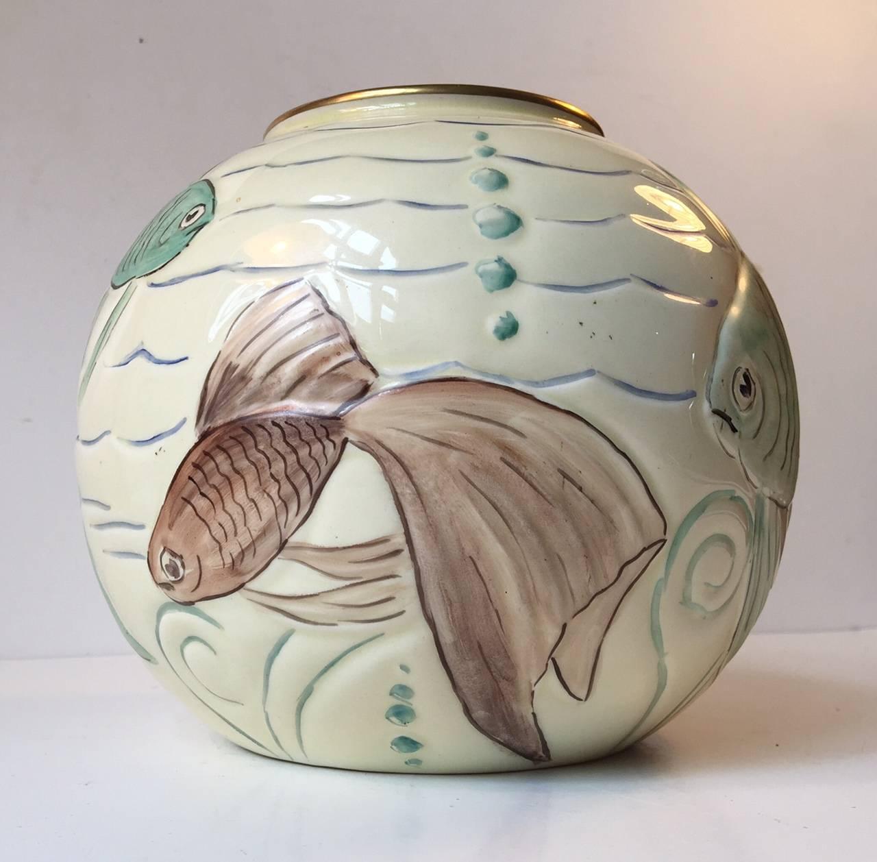 English Art Deco Porcelain Ball Vase with 'Fish' Motif's by Spode's Royal Jasmine, 1930s