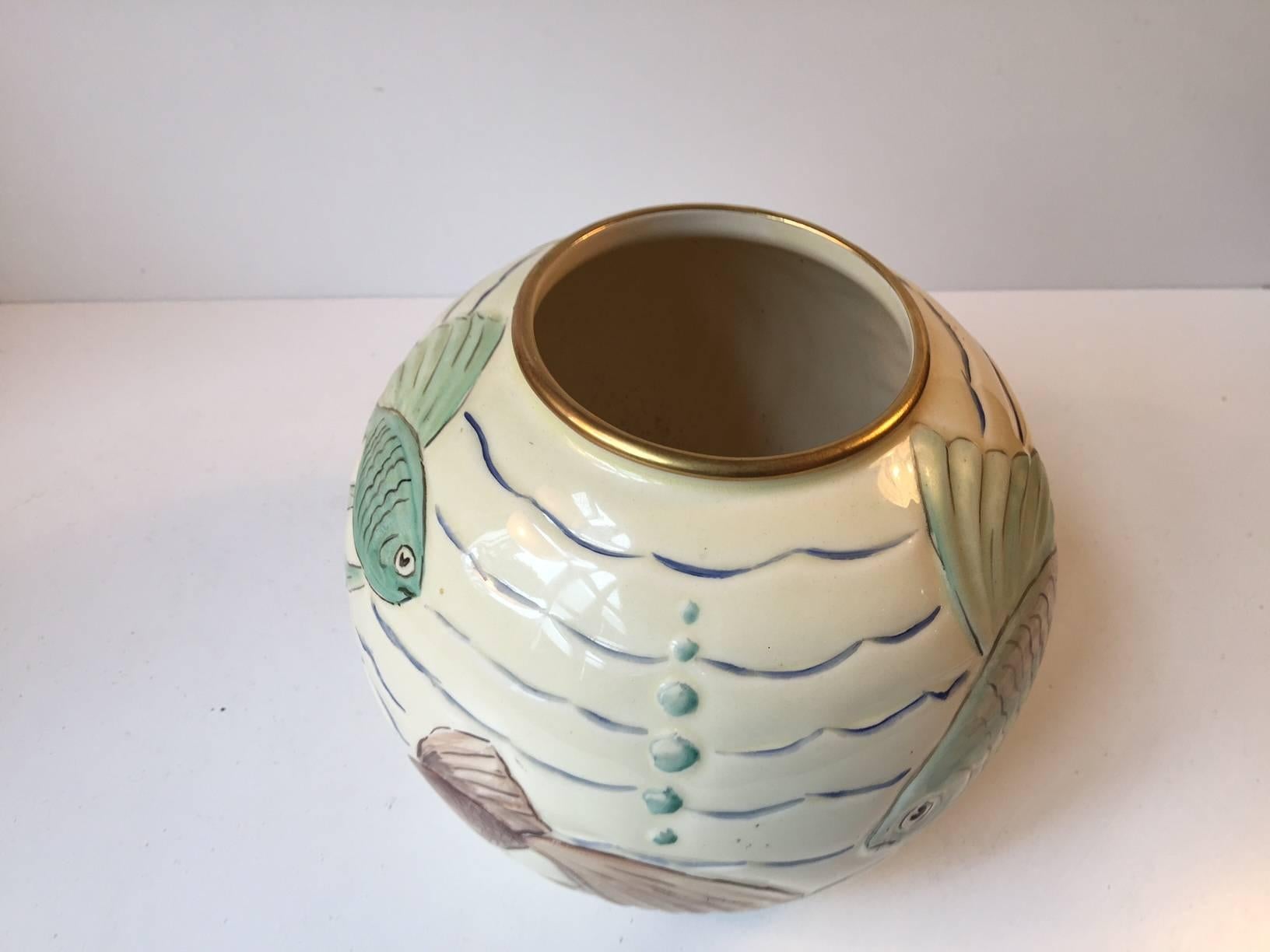 Mid-20th Century Art Deco Porcelain Ball Vase with 'Fish' Motif's by Spode's Royal Jasmine, 1930s