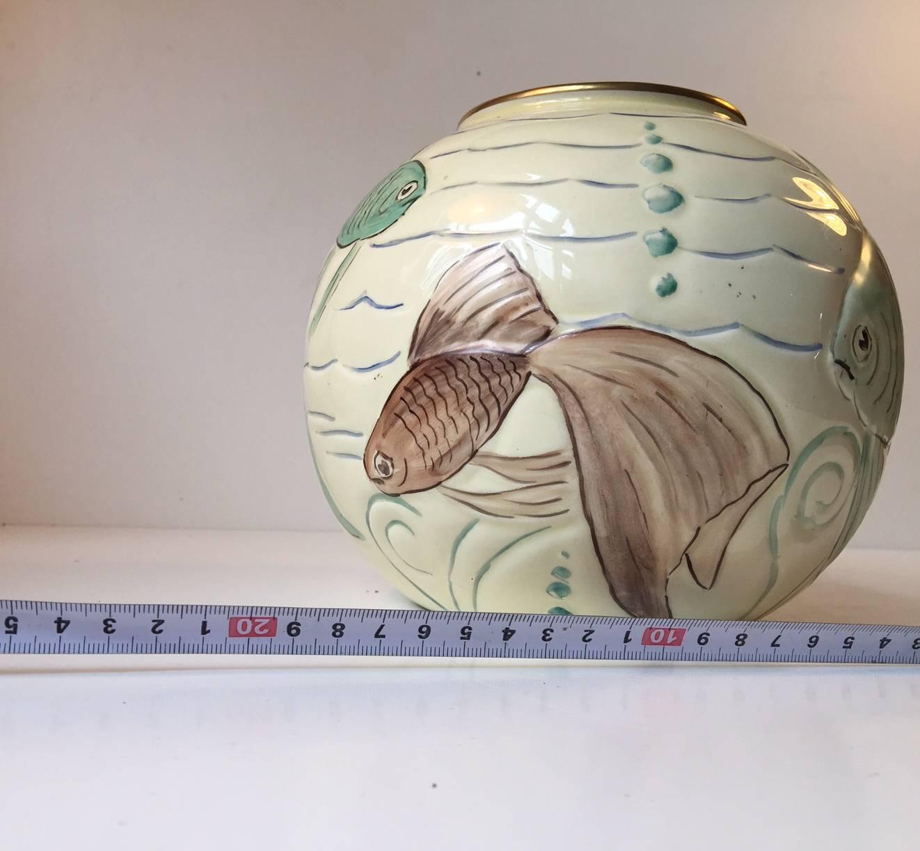 Art Deco Porcelain Ball Vase with 'Fish' Motif's by Spode's Royal Jasmine, 1930s 1