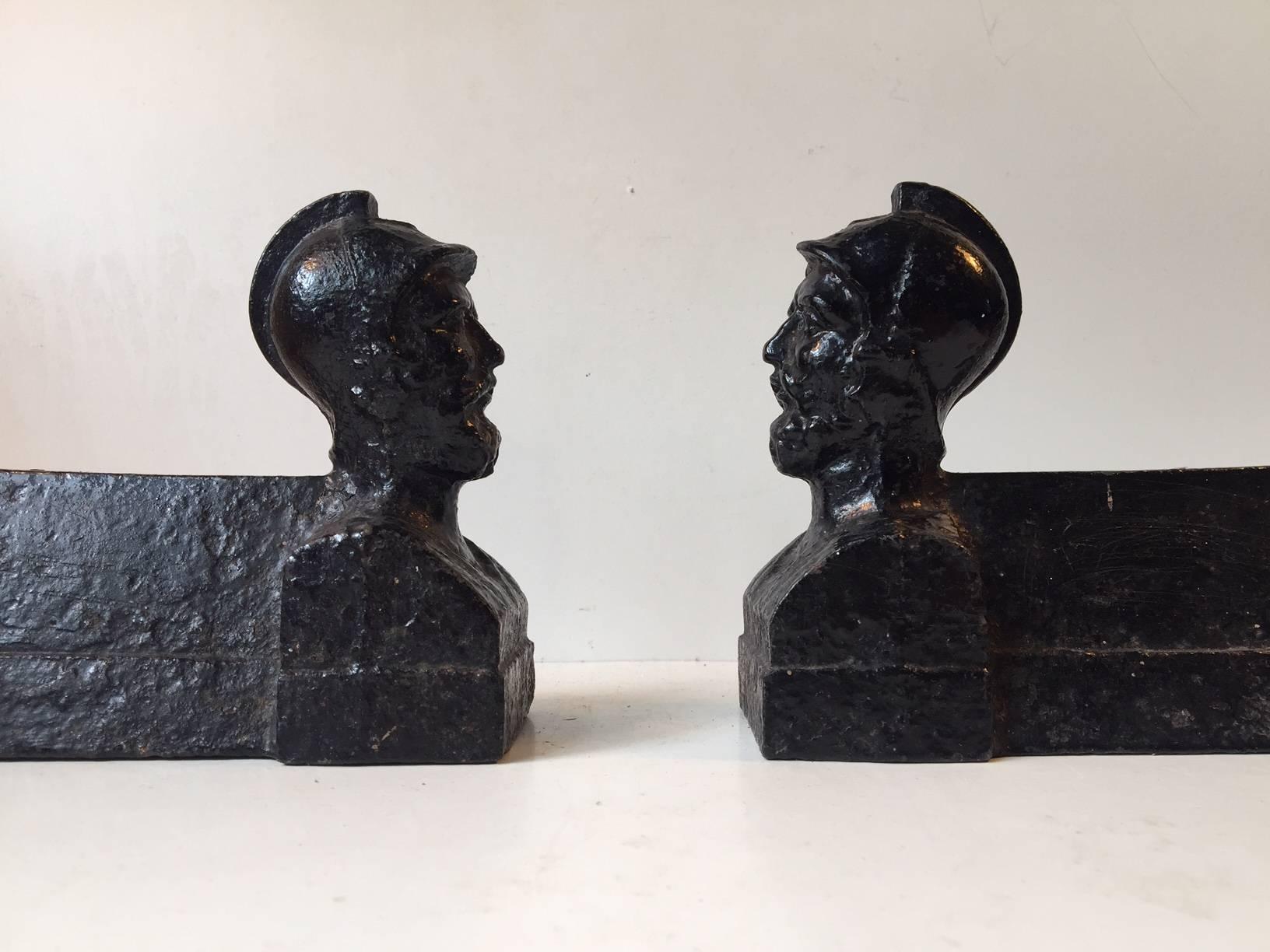 Napoleon III Pair of Antique French Cast Iron Figural Firedogs, Andirons, Early 19th Century