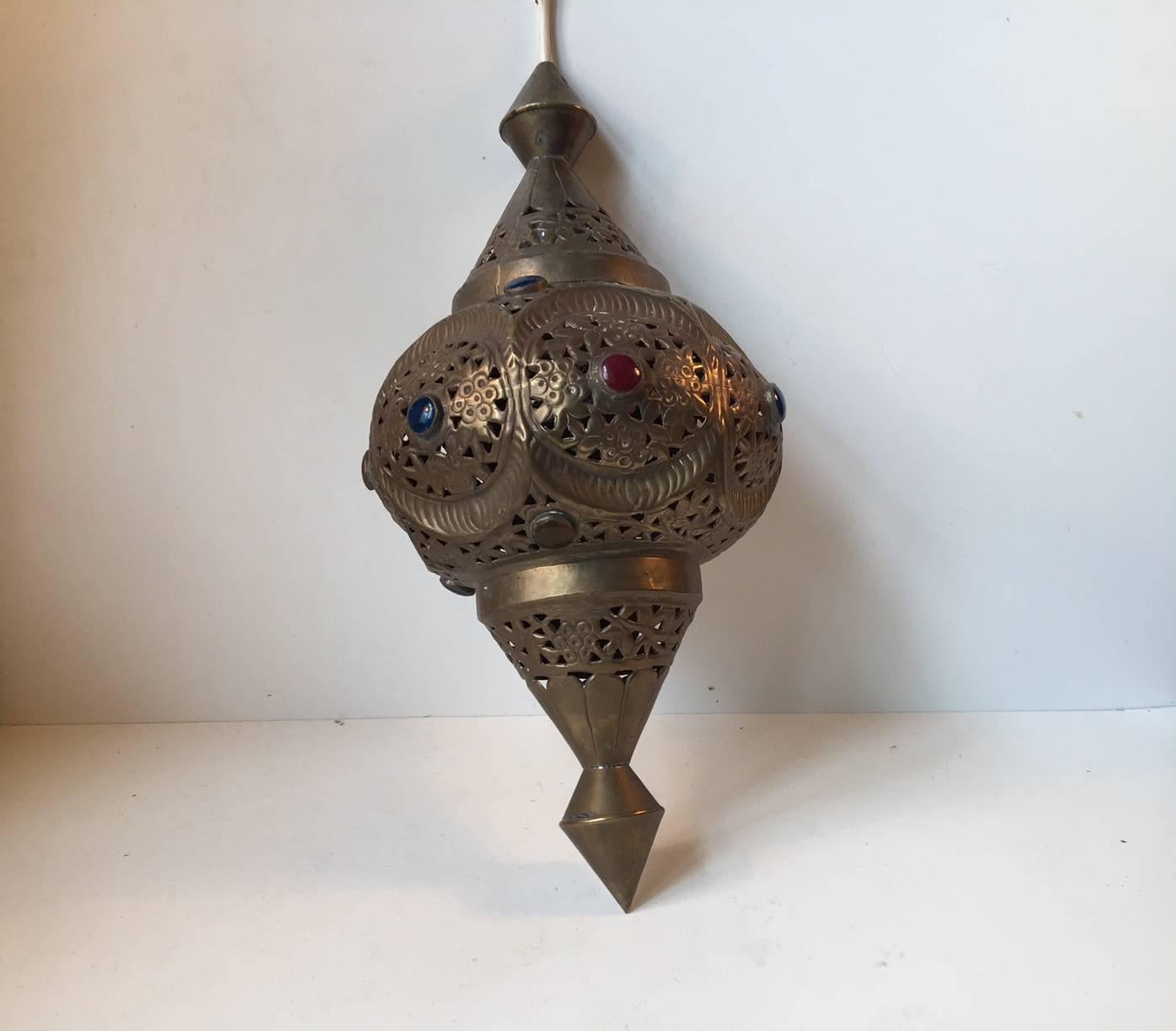 Vintage Moroccan Bejeweled 'Shehrazad' Brass Ceiling Light, Marrakech, 1970s In Good Condition In Esbjerg, DK