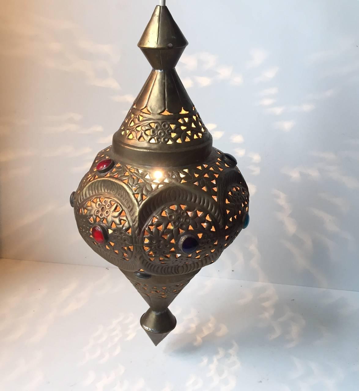 Vintage Moroccan Bejeweled 'Shehrazad' Brass Ceiling Light, Marrakech, 1970s 2