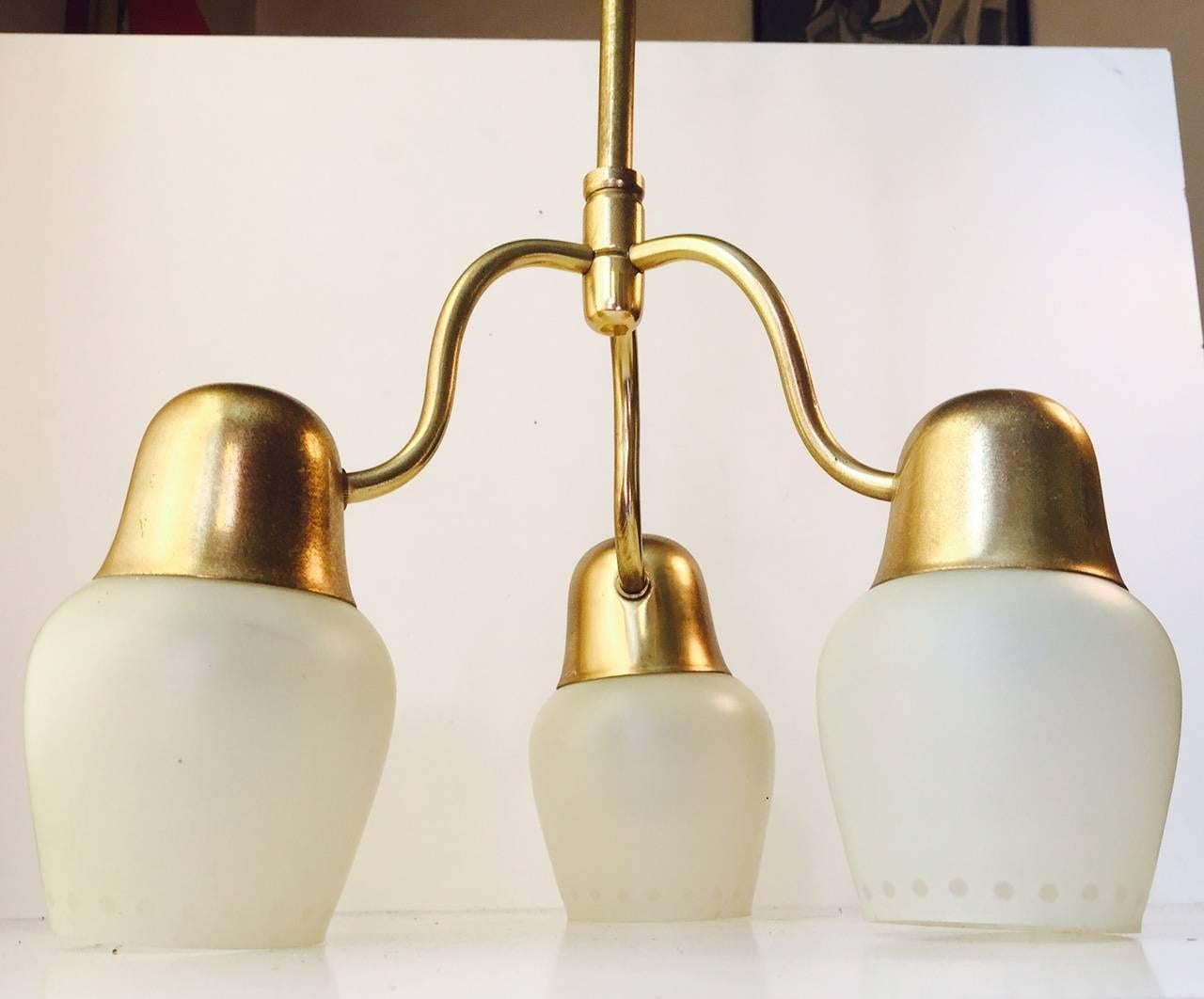 Swedish Mid-Century Opaline Glass and Brass Three-Shaded Ceiling Light from ASEA, 1950s