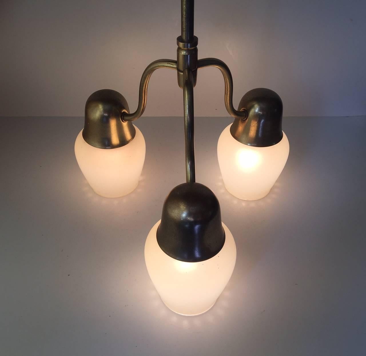 Frosted Mid-Century Opaline Glass and Brass Three-Shaded Ceiling Light from ASEA, 1950s