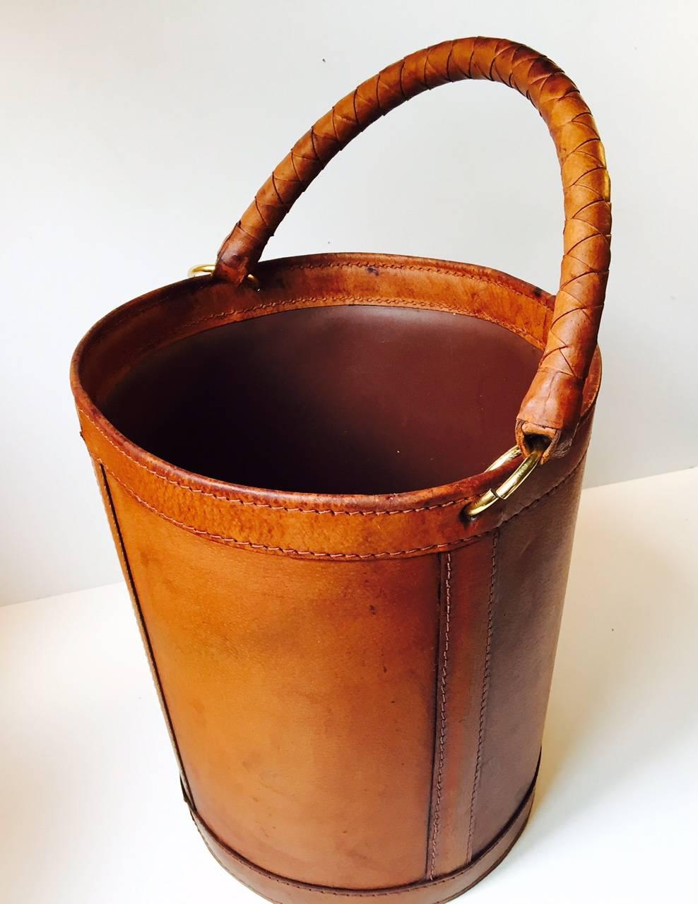 Patinated Vintage Danish Tanned Leather and Brass Trash Bin by Illums Bolighus, 1950s