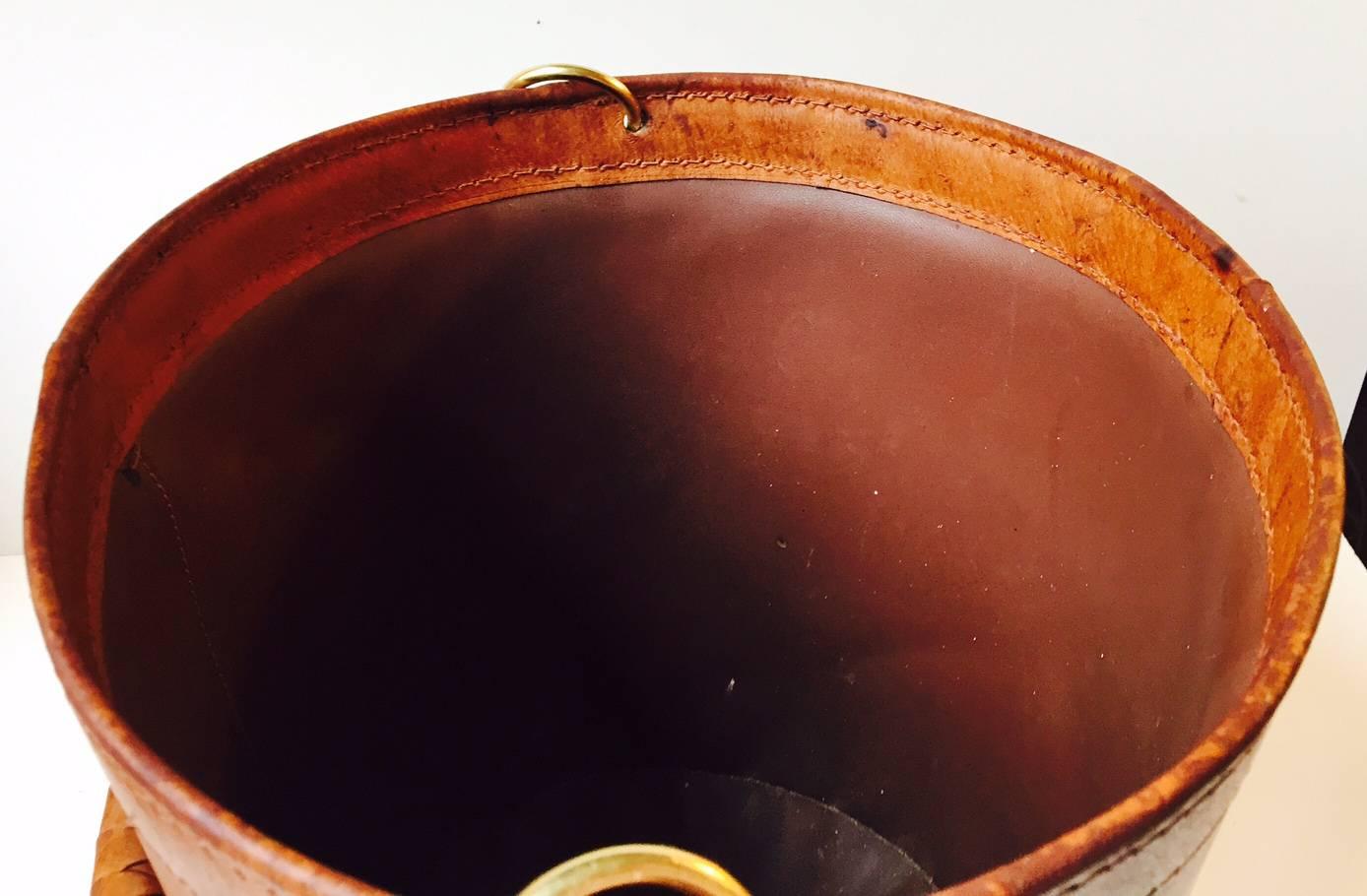 Vintage Danish Tanned Leather and Brass Trash Bin by Illums Bolighus, 1950s 1
