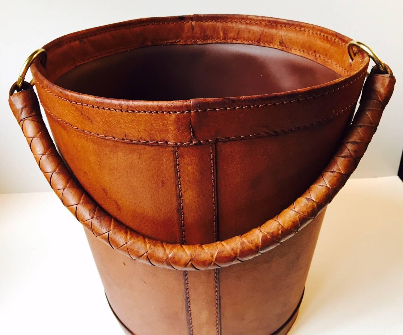 Vintage Danish Tanned Leather and Brass Trash Bin by Illums Bolighus, 1950s 2