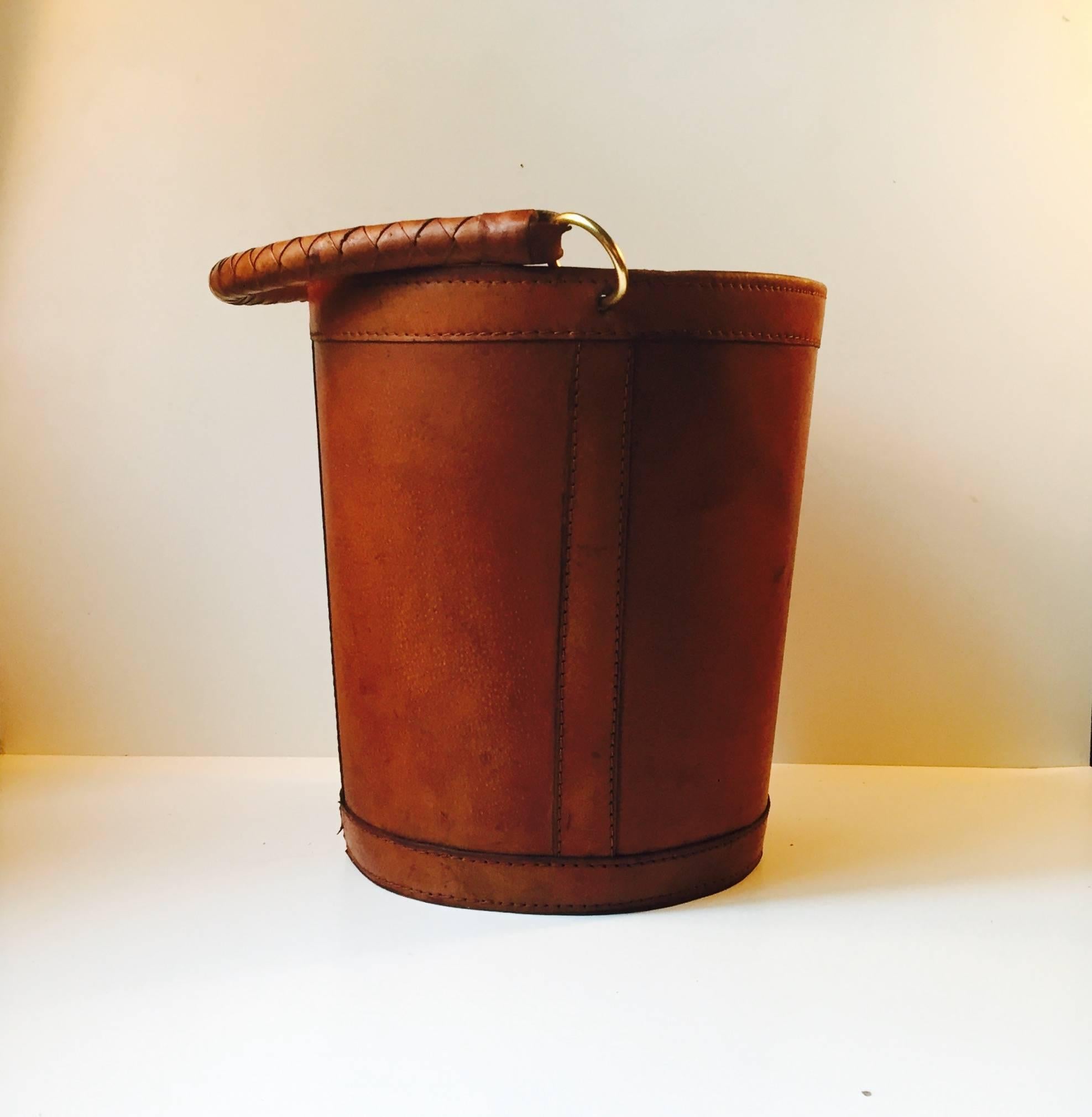 Vintage Danish Tanned Leather and Brass Trash Bin by Illums Bolighus, 1950s 3