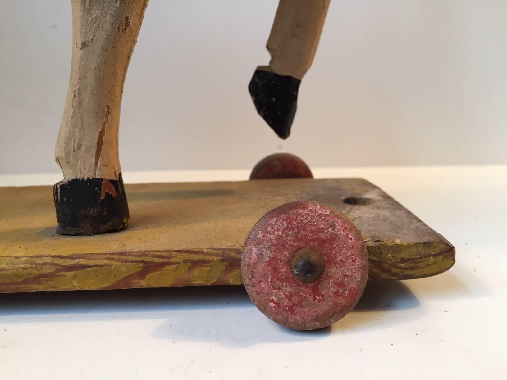 Hand-Carved Old German 1930s Wooden Pull Along Horse Toy