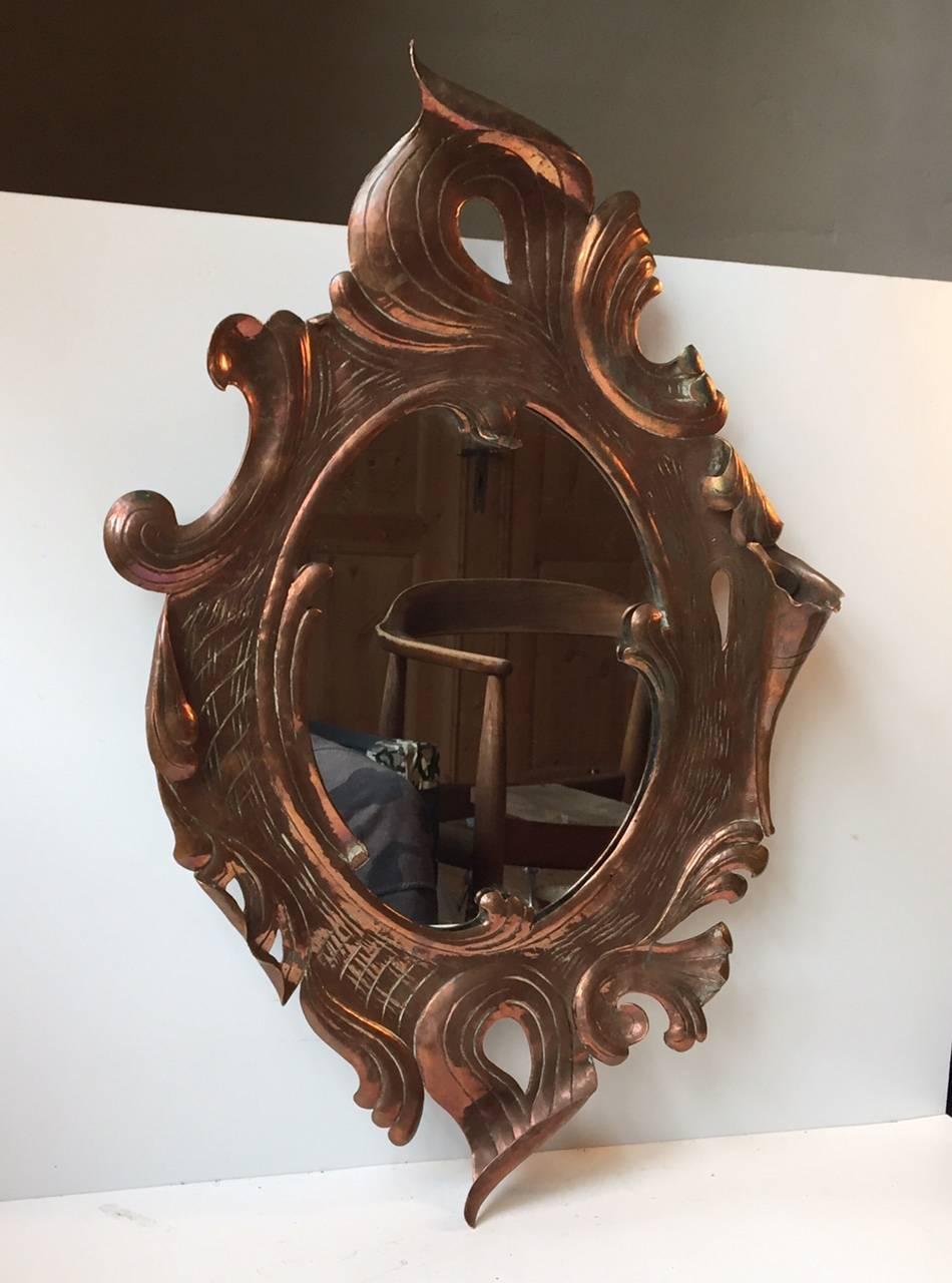 Handmade Solid Copper French Art Nouveau Wall Mirror, Early 20th Century 1