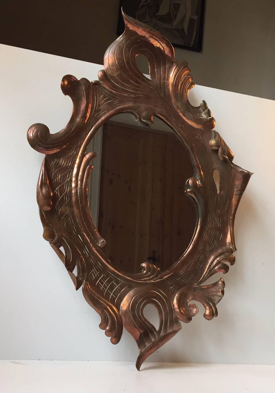 Handmade Solid Copper French Art Nouveau Wall Mirror, Early 20th Century 2