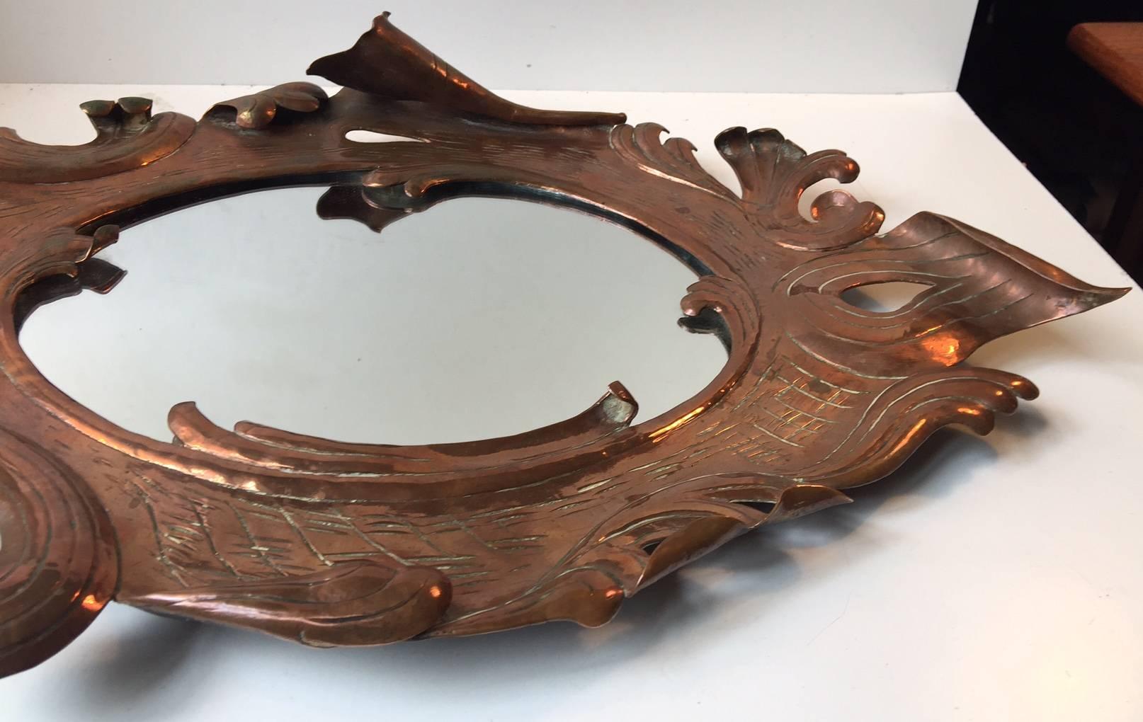 Handmade Solid Copper French Art Nouveau Wall Mirror, Early 20th Century 5